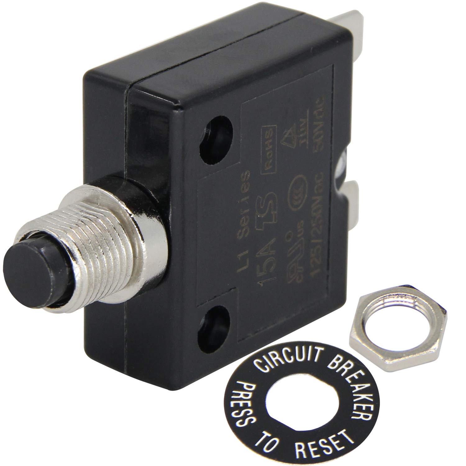125-250V AC 50V DC Push Button Circuit Breaker 15Amp Thermal Overload Protector