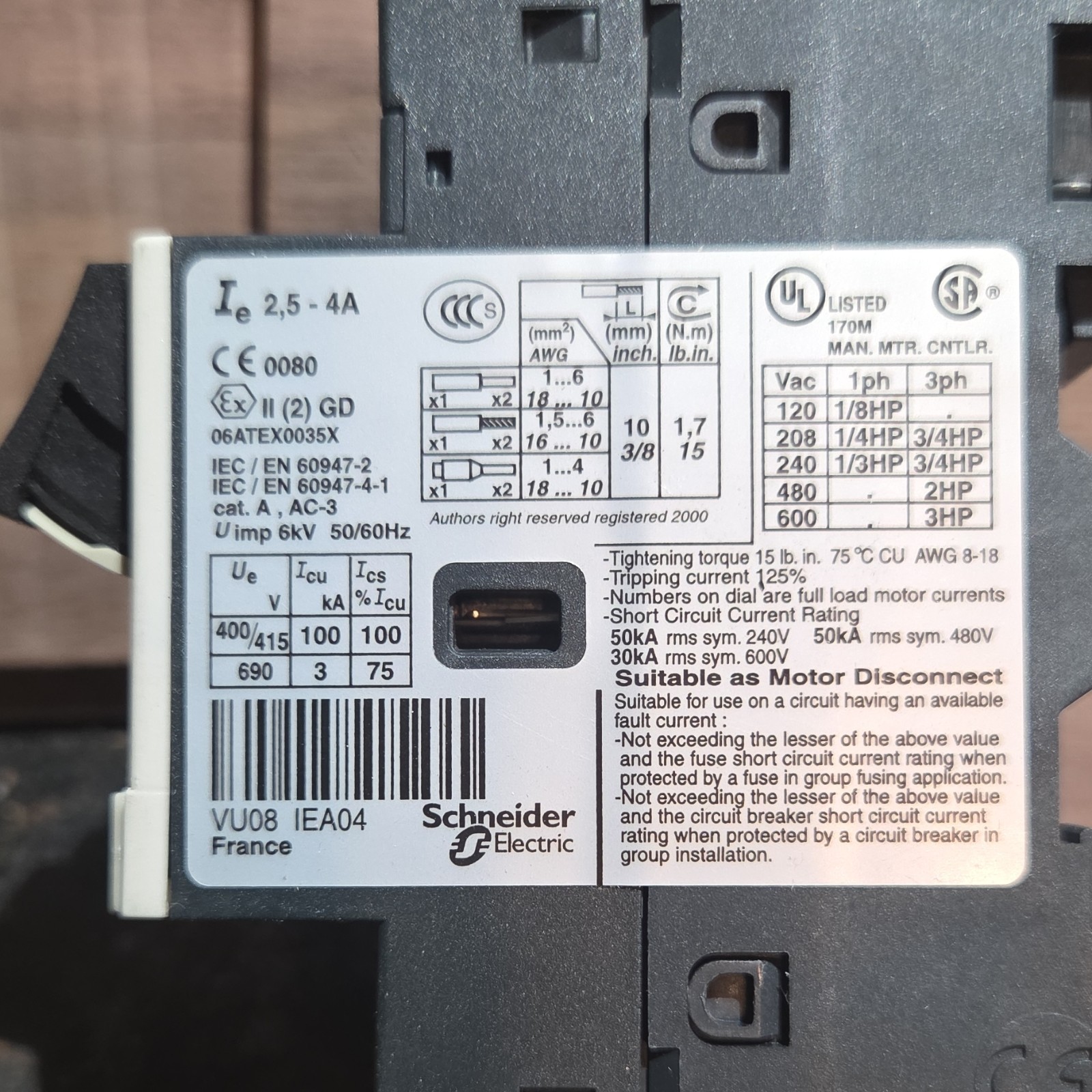 Telemecanique GV2ME08 Motor Circuit Breaker 2.5-4A 3-Pole DIN Rail 400/415V 690V