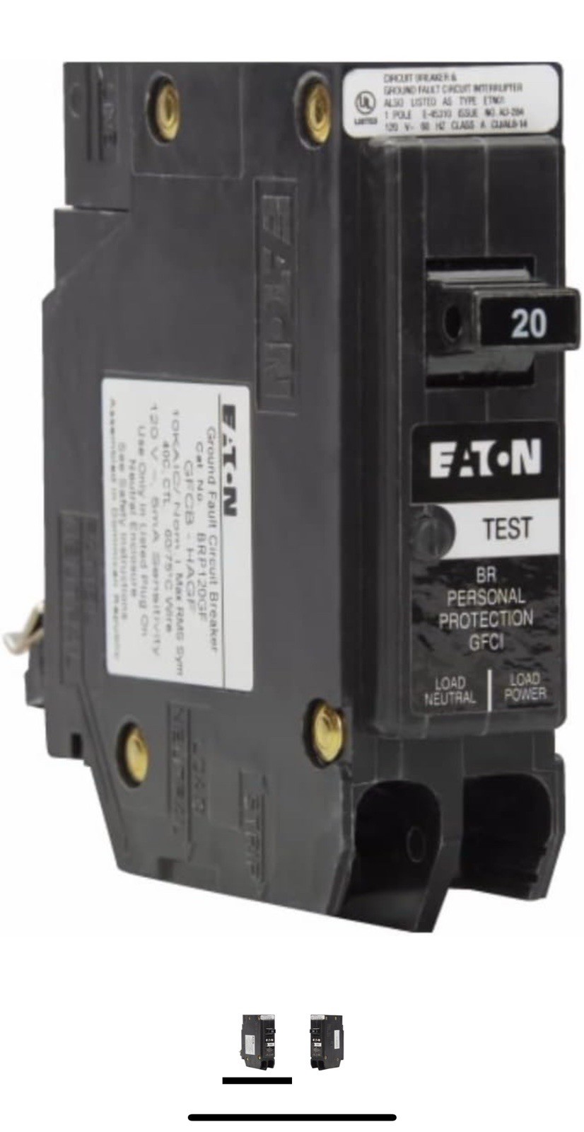 Eaton GFCI 20A Breaker 1P Ground Fault BRP120GF