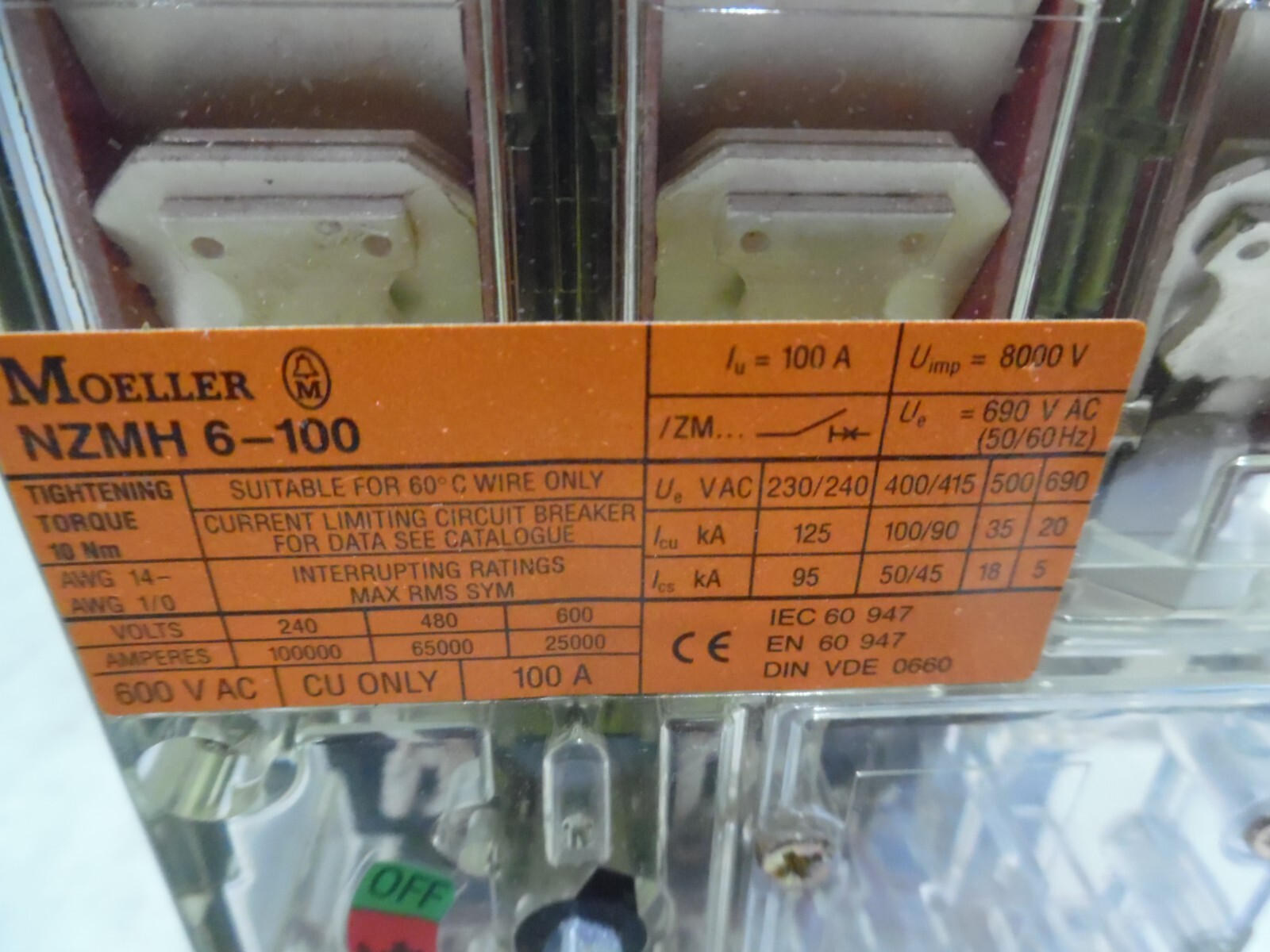 New Moeller NZMH6-100-ZM6A-100-NA Thermal Magnetic Circuit Breaker 100A 600V 3P