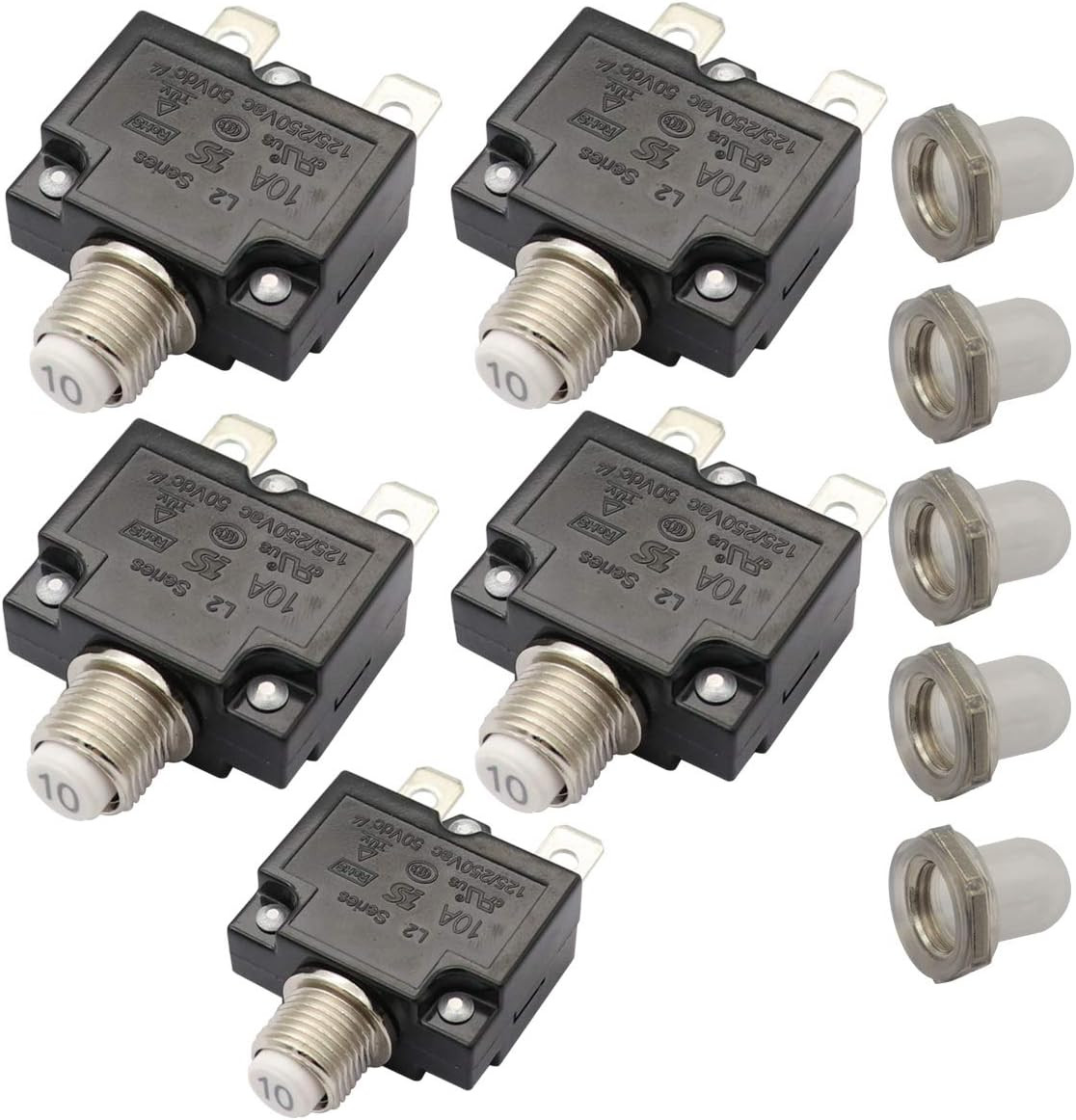 5Pcs Push Button Reset 10A Circuit Breakers with Quick Connect Terminals and Wat