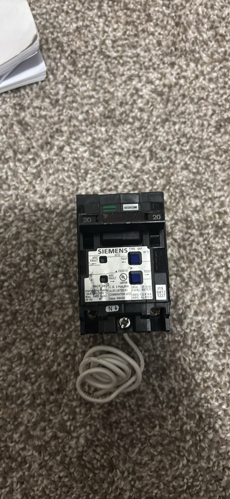 Siemens Q220AFC 20A 2-Pole 120/240V AFCI Circuit Breaker Test Button
