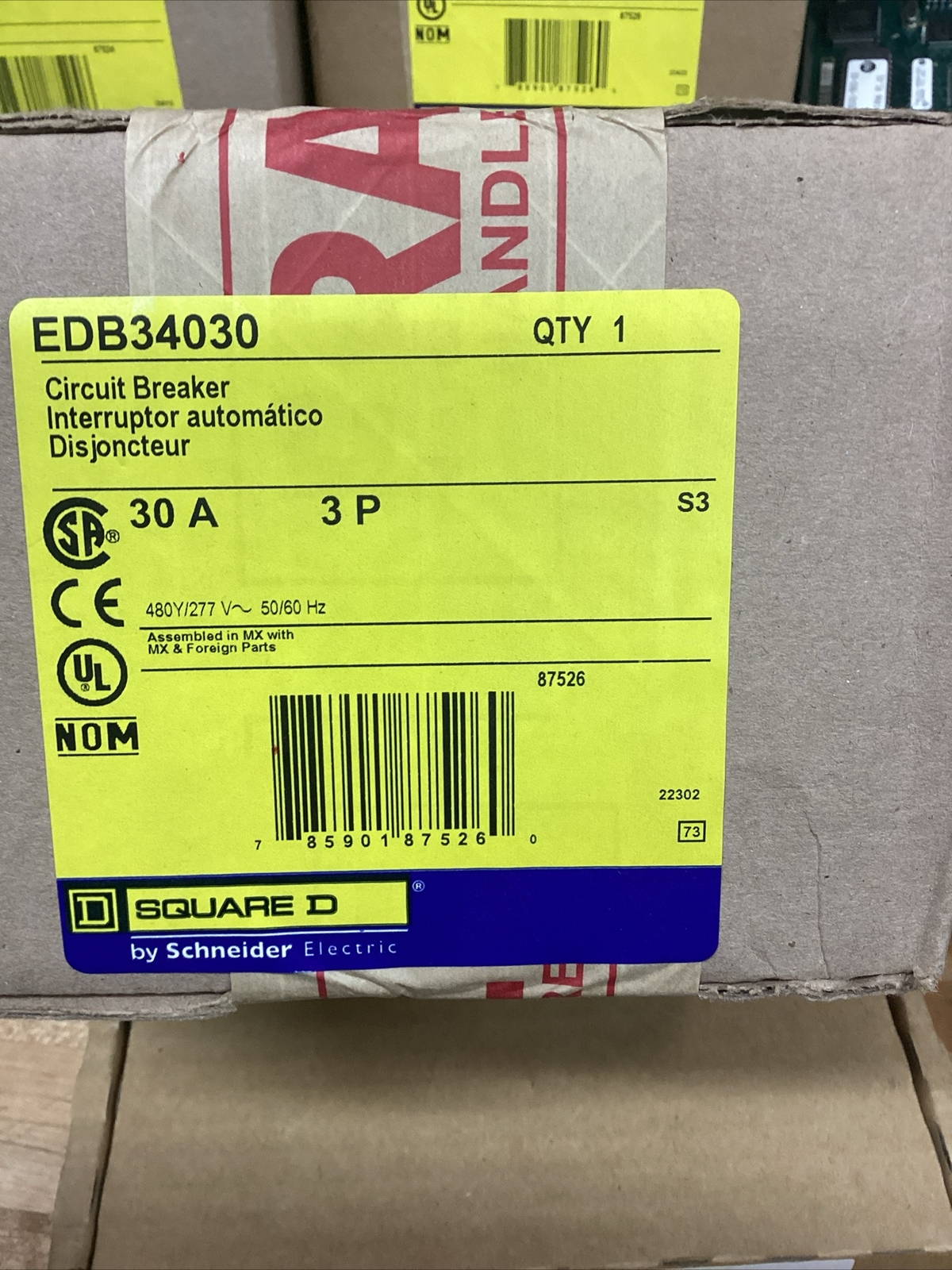 Square D EDB34030 30a 480Y/277V 18/25 ka 3P Mini MCCB ~ Sealed Series 3 Units