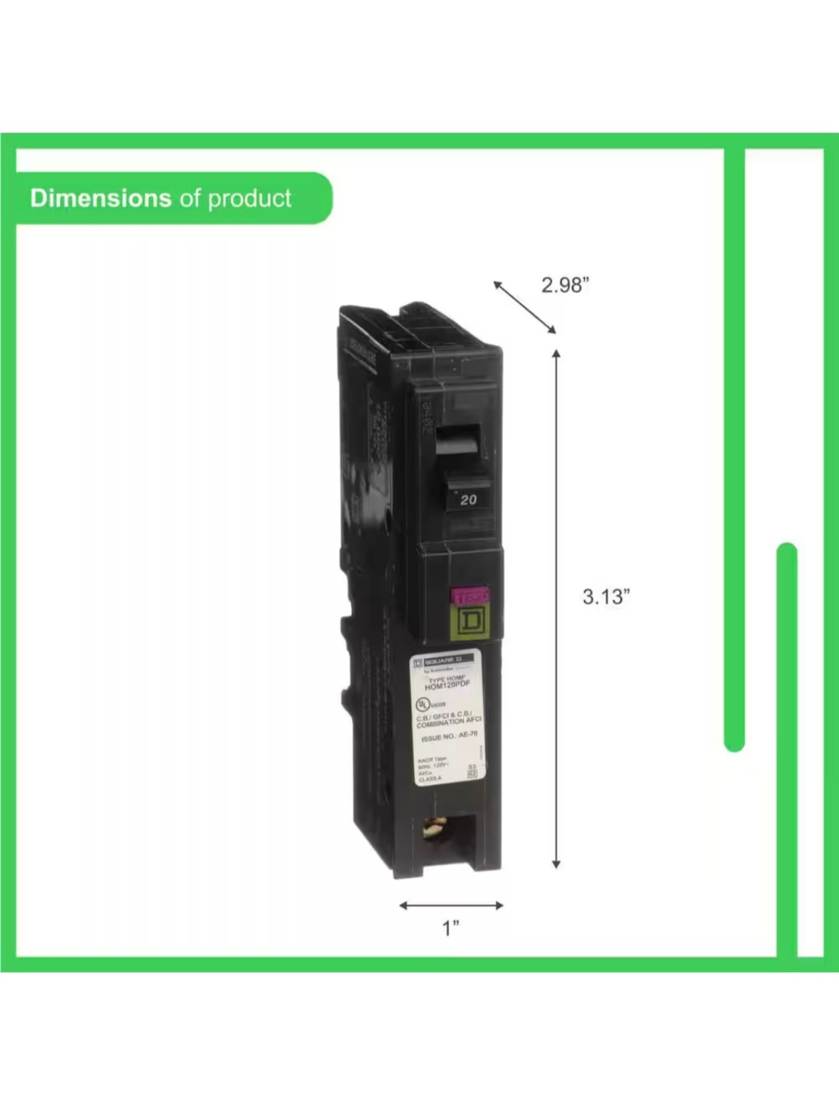 Square D HOM120PDFC, 20A, 1 Pole, Dual Function (CAFI and GFI) Circuit Breaker
