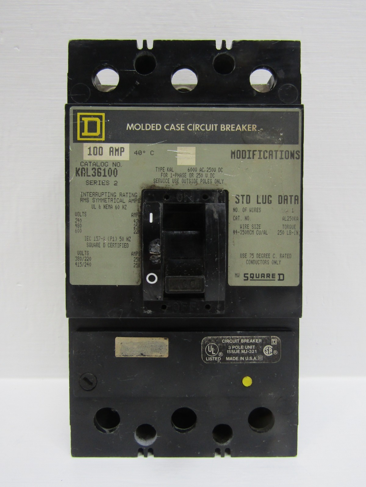 Square D KAL36100 100 Amp 600V 3 Pole Circuit Breaker 100A 600 VAC