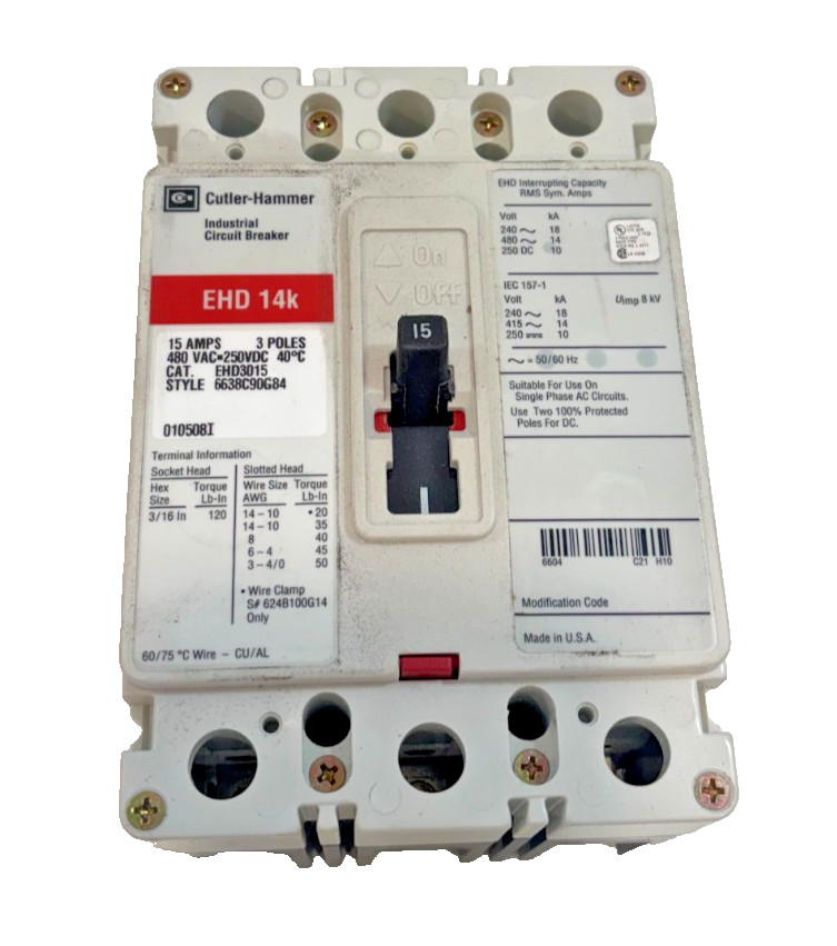 CUTLER HAMMER EHD3015 – 15A, 3P, 480 VOLT INDUSTRIAL CIRCUIT BREAKER, 14K – NEW