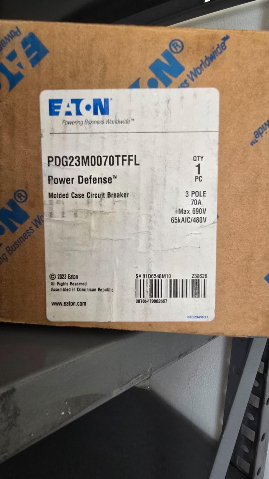 EATON IND CIRCUIT BREAKER, PDG23M0070TFFL, 70 A, 3 P, 480 V, NEW. SEE DETAILS.