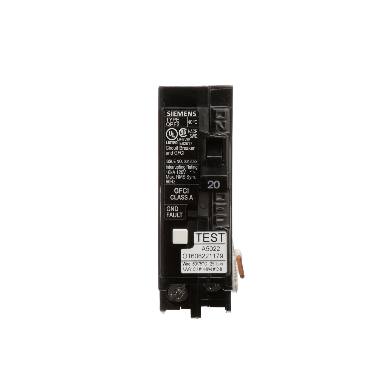 20 Amp Single Pole GFCI Circuit Breaker Type QPF2 with Self Test Feature