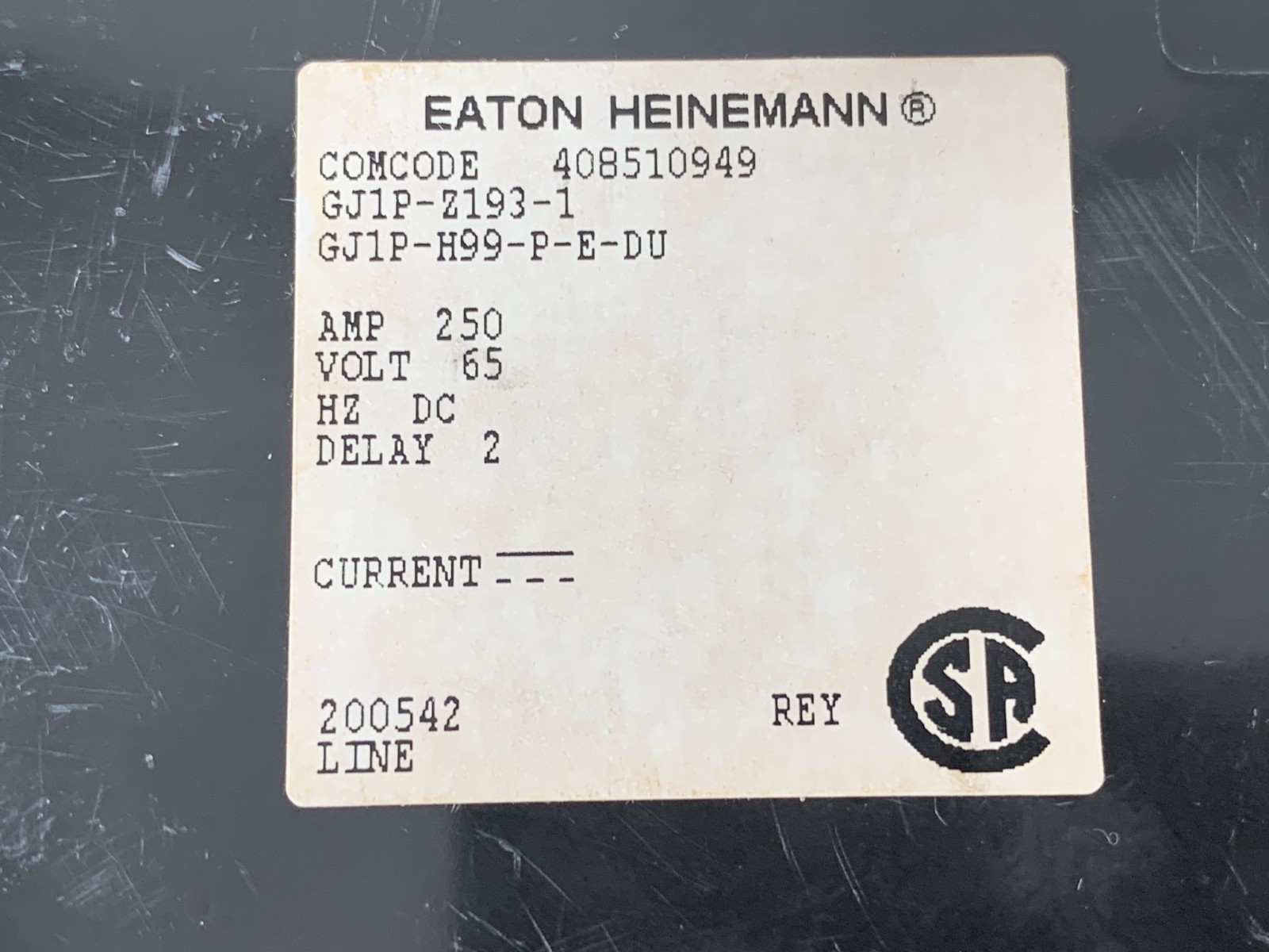 Eaton Heinemann GJ1P-Z193-1 GJ1P-H99-P-E-DU 250A 65VDC 1P Circuit Breaker