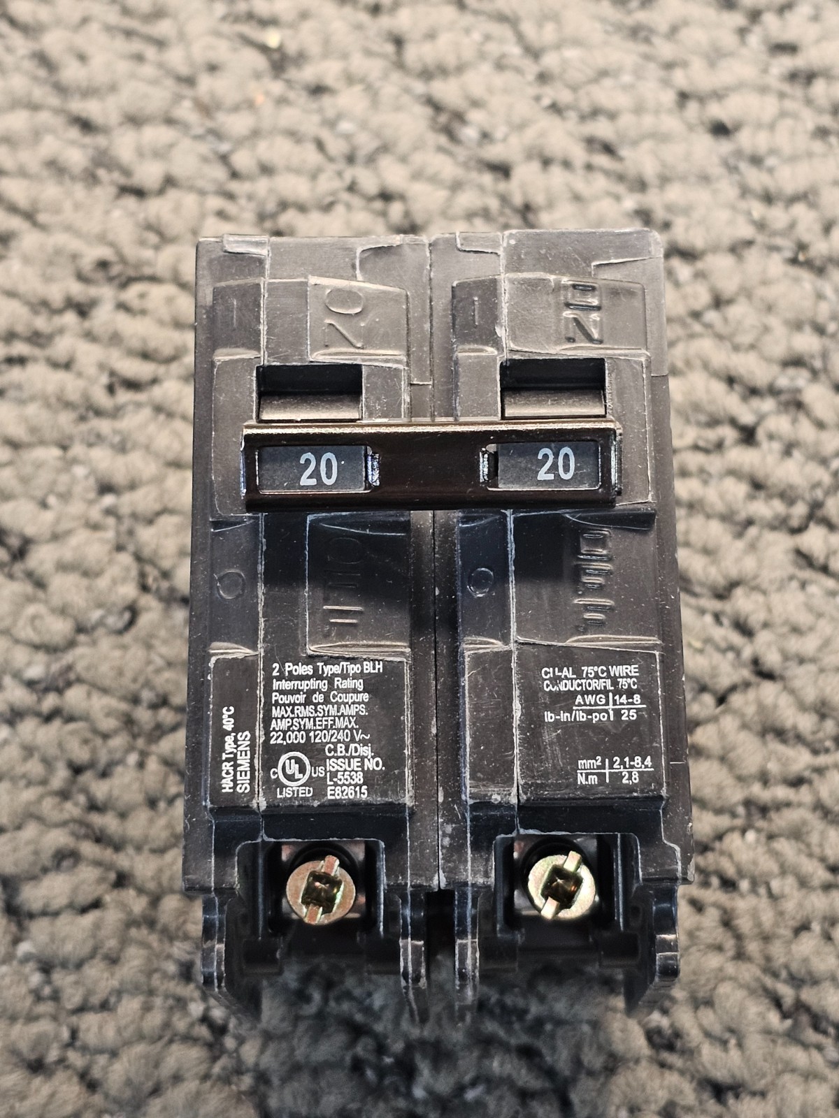 Siemens B220H: 2 Pole 20A 22kA 120/240V Bolt-On BLH Circuit Breaker
