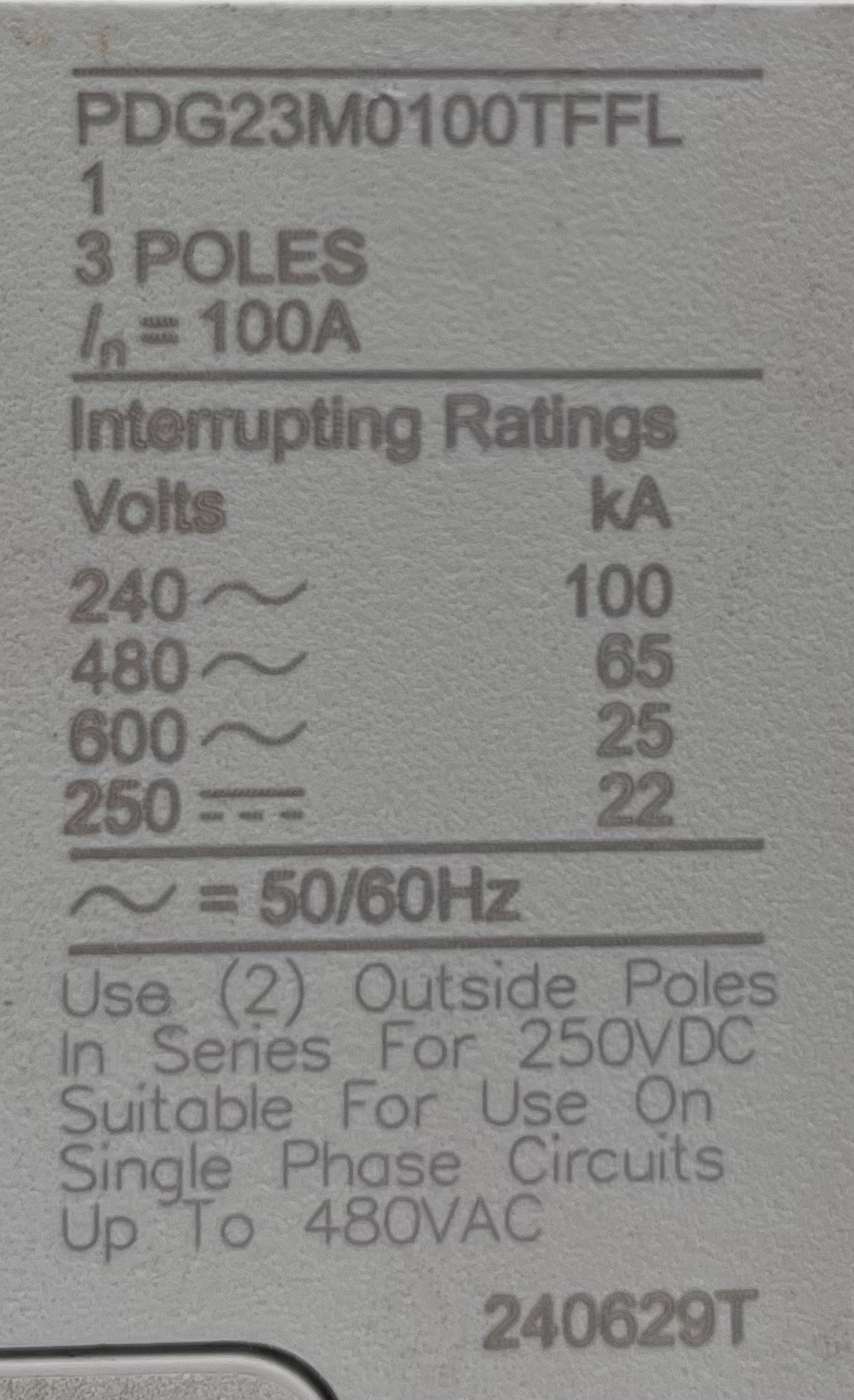 Eaton PDG23M0100TFFL Power Defense Molded Case Circuit Breaker, 3-Pole 600V 100A
