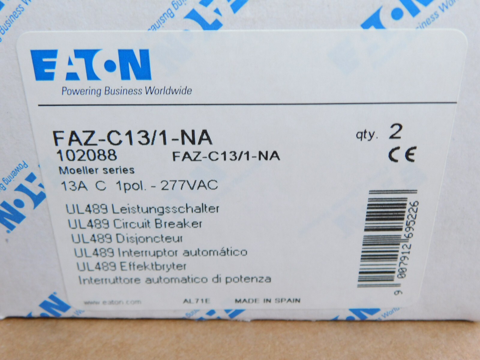 NEW EATON Circuit Breaker FAZ-C13/1-NA 1 Pole 13 Amp 277 VAC / 48 VDC FAZ Din C