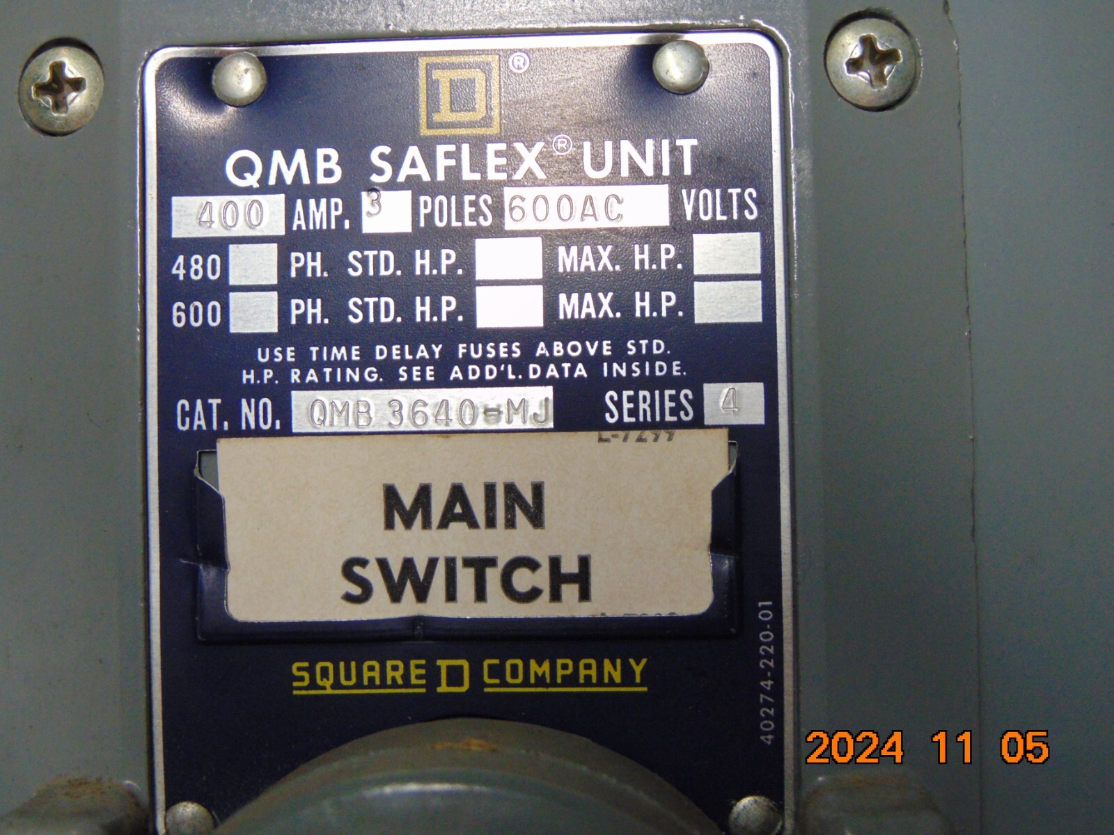 Square D QMB Saflex Unit 400 Amp 3 Pole 600 AC Volts Cat. QMB 3640-MJ MAIN
