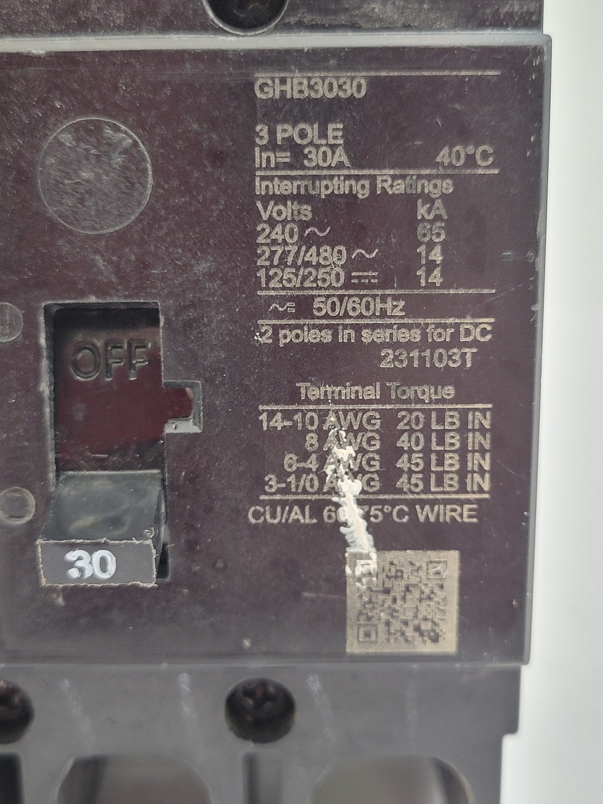 Eaton GHB3030 Bolt On Circuit Breaker 30 Amp 3P 480VAC 125/250 VDC GHB