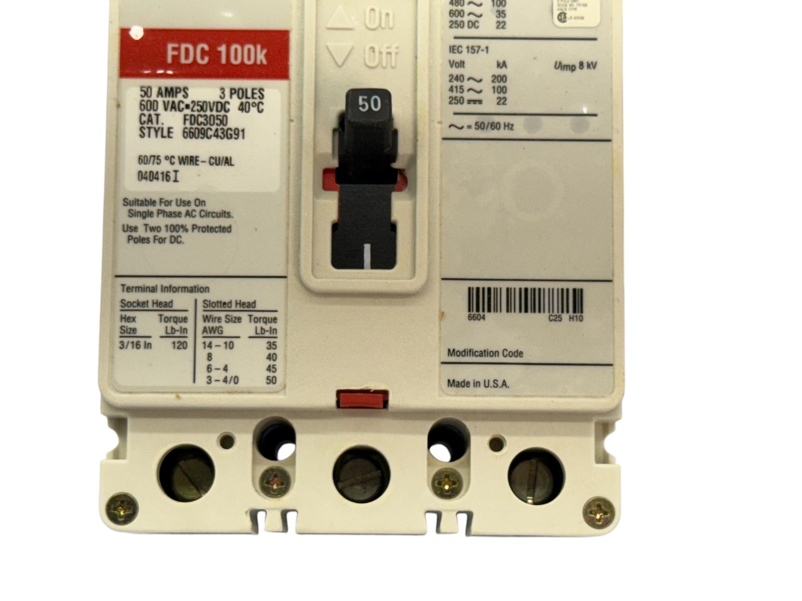 CUTLER HAMMER FDC3050 50A 3-PHASE 3-POLE 600V 100KA F-FRAME CIRCUIT BREAKER NEW