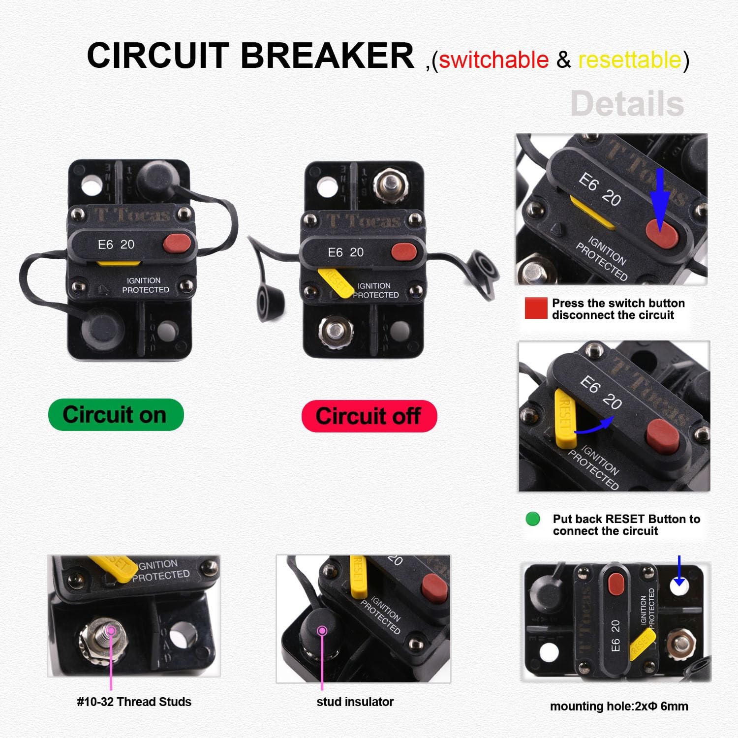 15 Amp Circuit Breaker for Marine, Truck, Boat, RV, Automotive IP66 T3 Mini