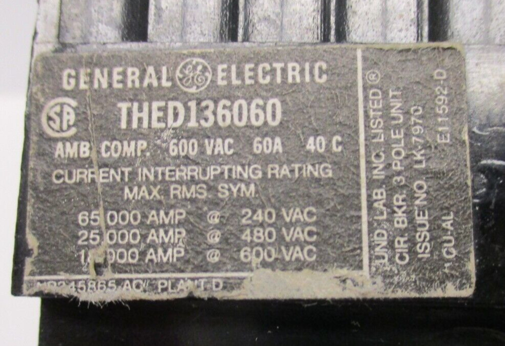 GENERAL ELECTRIC CIRCUIT BREAKER THED136060 600VAC 60AMP 3 POLE