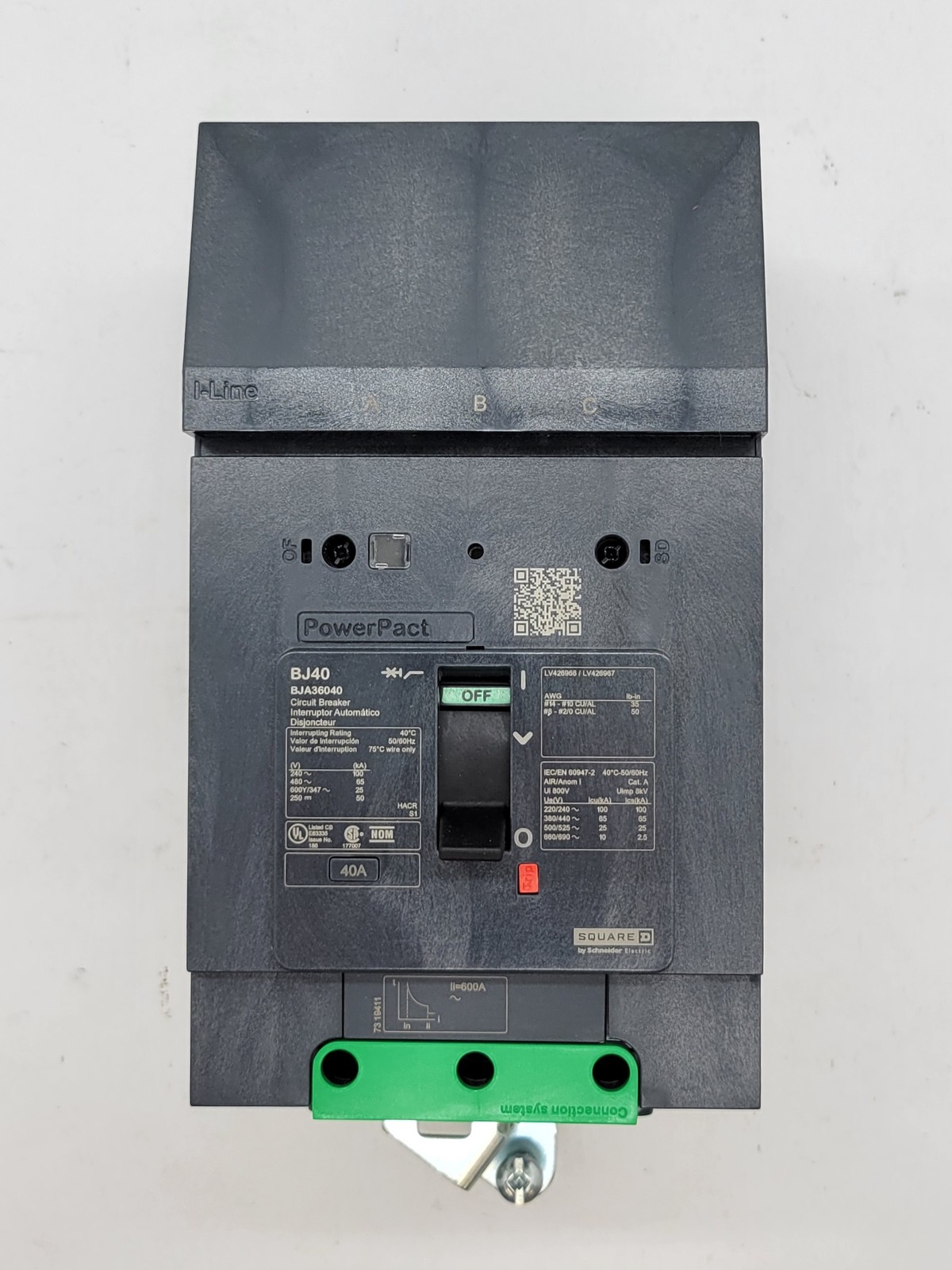 Square D BJA36040 PowerPact I-Line Circuit Breaker 40A 3P 600V BJ40 Green