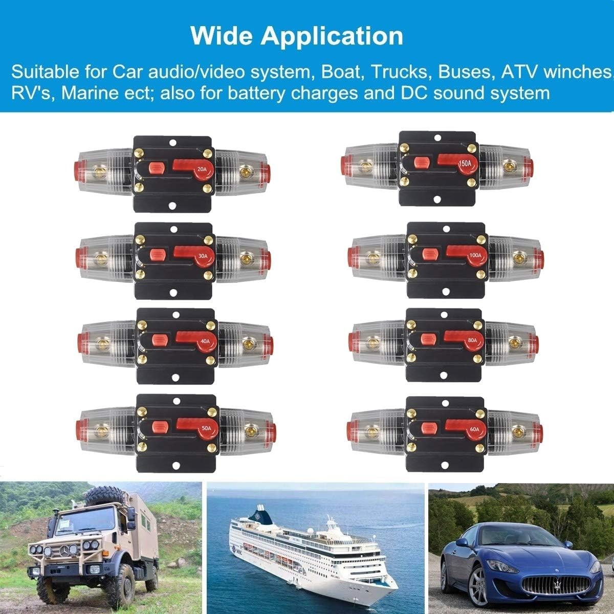 30A 40A 50A 60A 80A 100A 150A Audio Circuit Breaker Auto Car Stereo Inline Fu…