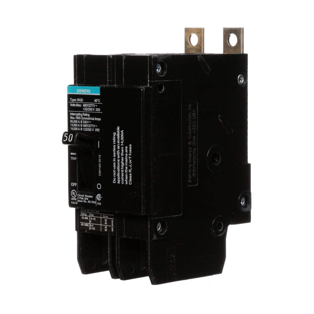 BQD250 – Siemens 50 Amp 2 Pole 480 VAC Molded Case Circuit Breaker 14 kA Interru