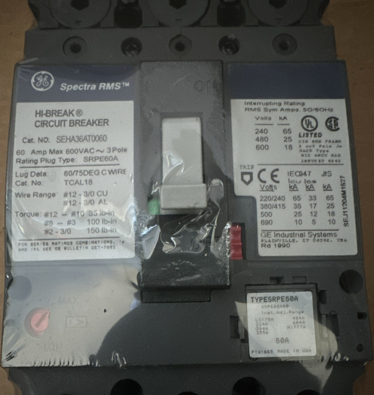 GE Spectra RMS Circuit Breaker 60A 3 Pole 600VAC Thermal Industrial