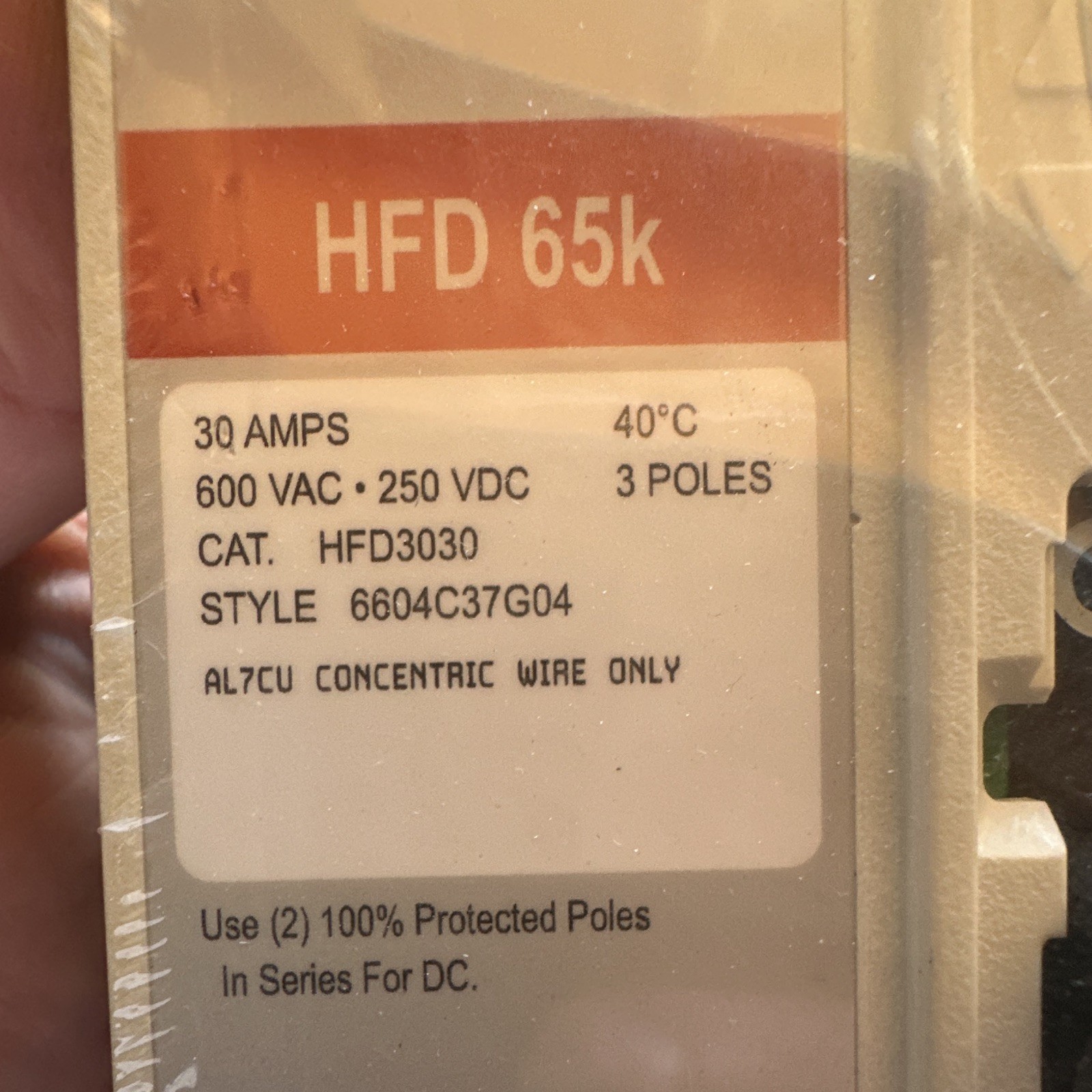 Eaton HFD3030 Circuit Breaker 30A 3 Pole 600VAC/250VDC Trip Indicator