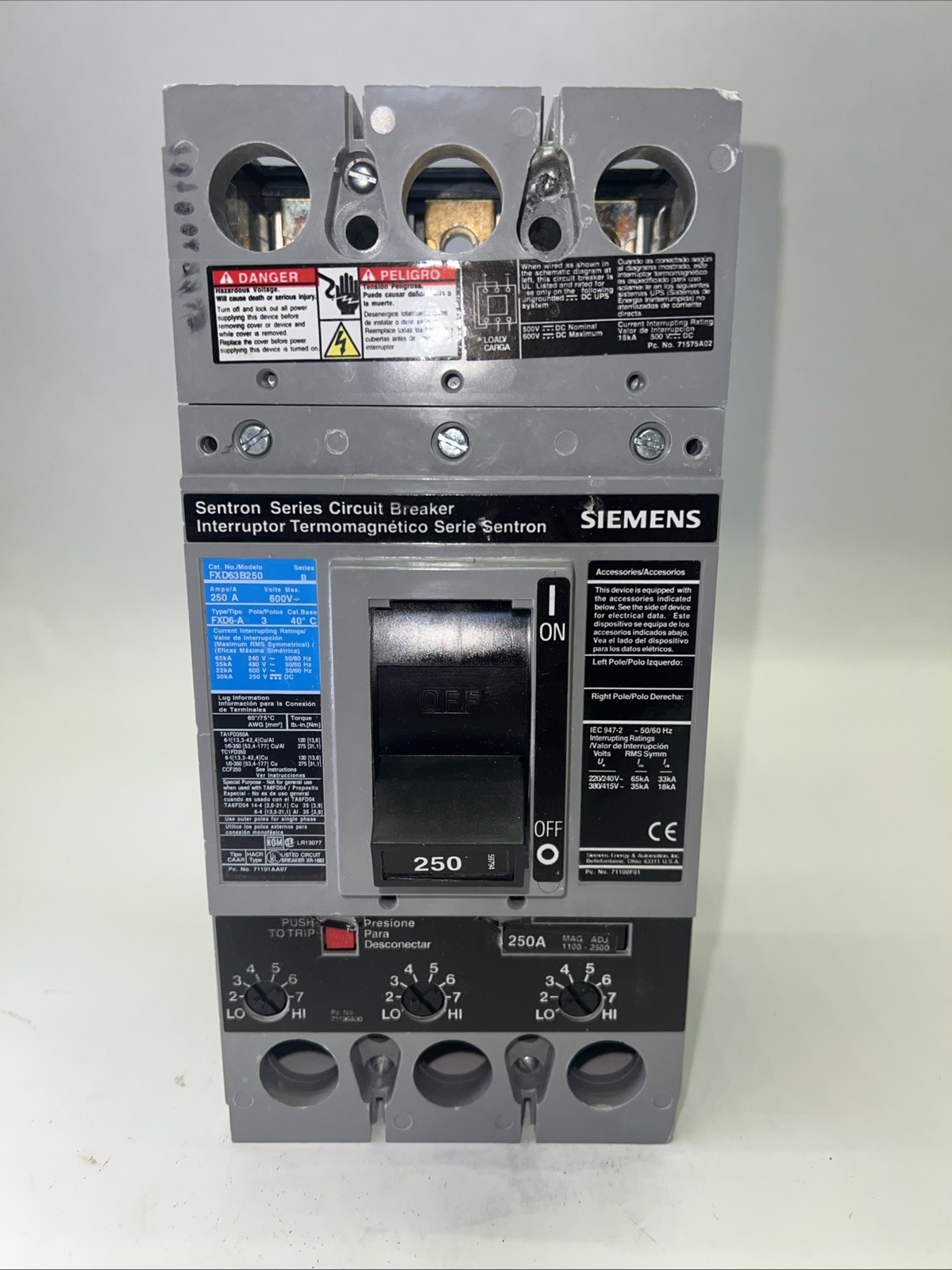 Siemens FXD63B250 Circuit Breaker 3-Pole 250 Amps 600 Voltage