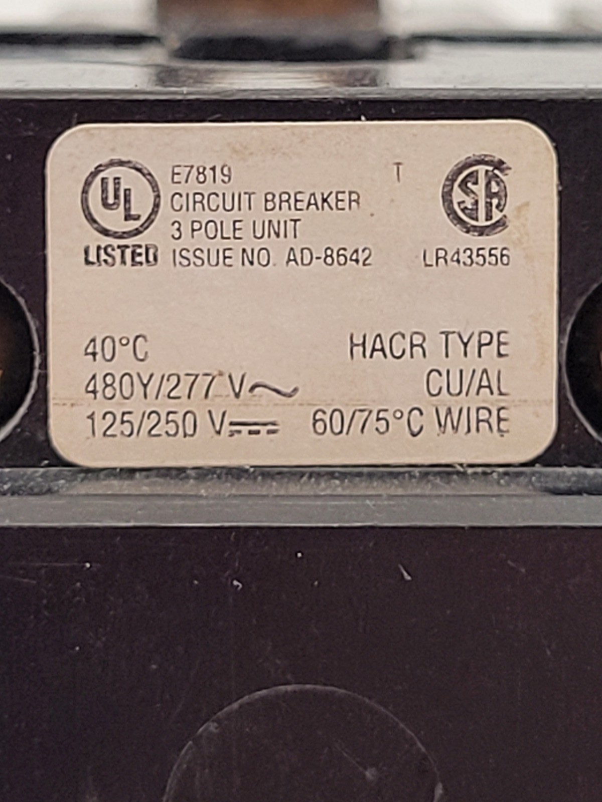 Eaton GHB3050 Bolt-On Circuit Breaker GHB 50A 3P 277/480VAC 125/250 VDC