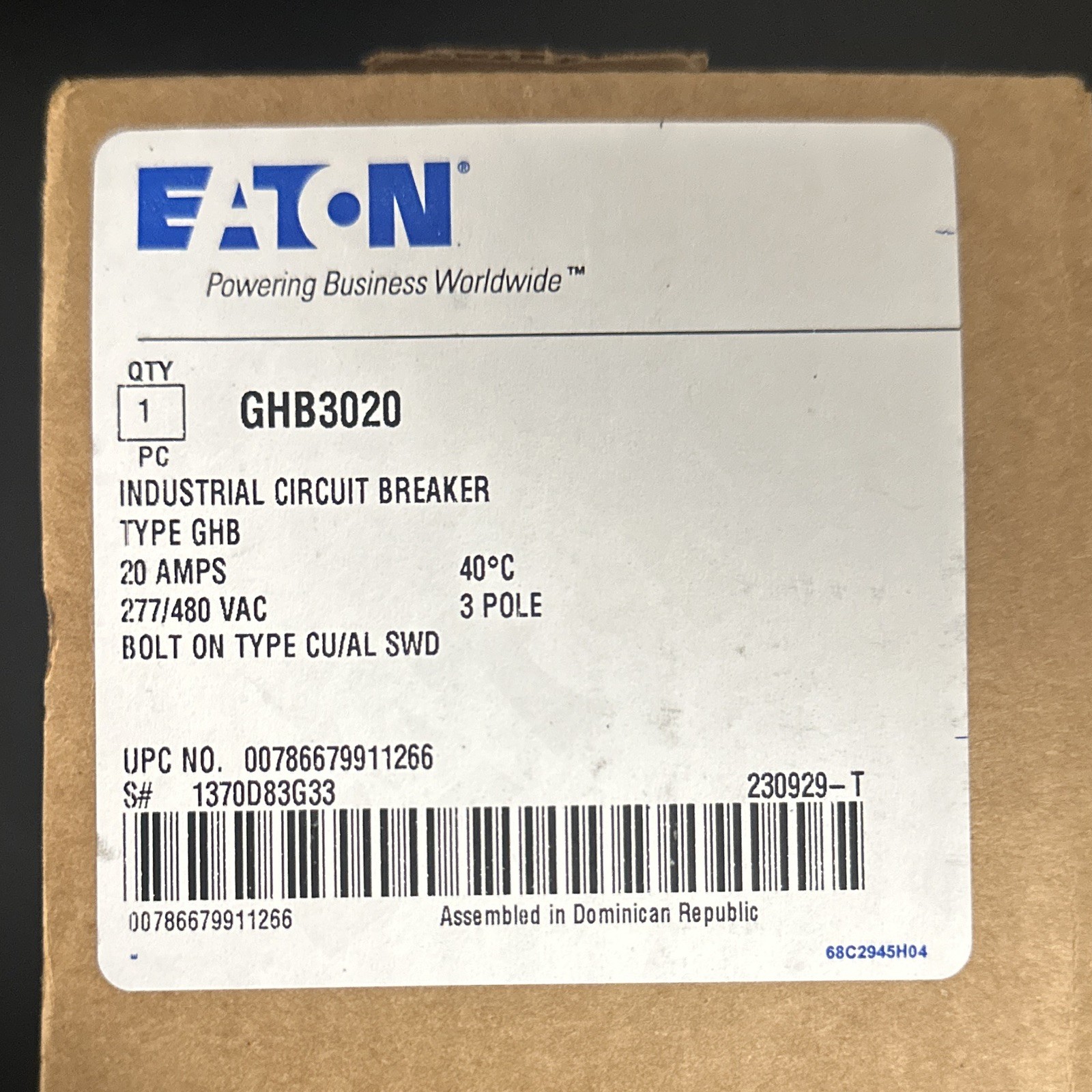Eaton GHB3020 20A 3-Pole 277/480VAC Industrial Bolt-On Circuit Breaker