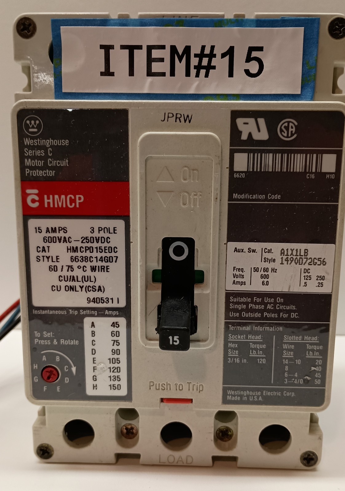 Westinghouse 15A Motor circuit Protector with AUX. 600V AC, 3-Pole, HMCP015EOC