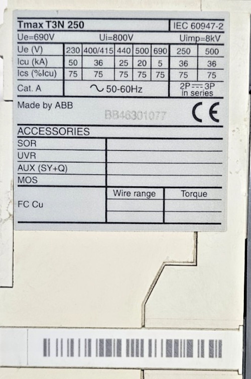 ABB SACE TMAX T3N 250 CIRCUIT BREAKER 250A 3POLE 25KA 690V