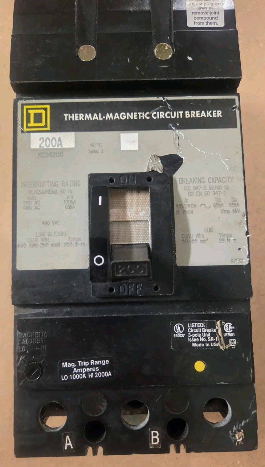 Square D KC34200 200 Amp 480 VAC 3 Pole 65ka@480V I-Line Circuit Breaker TESTED