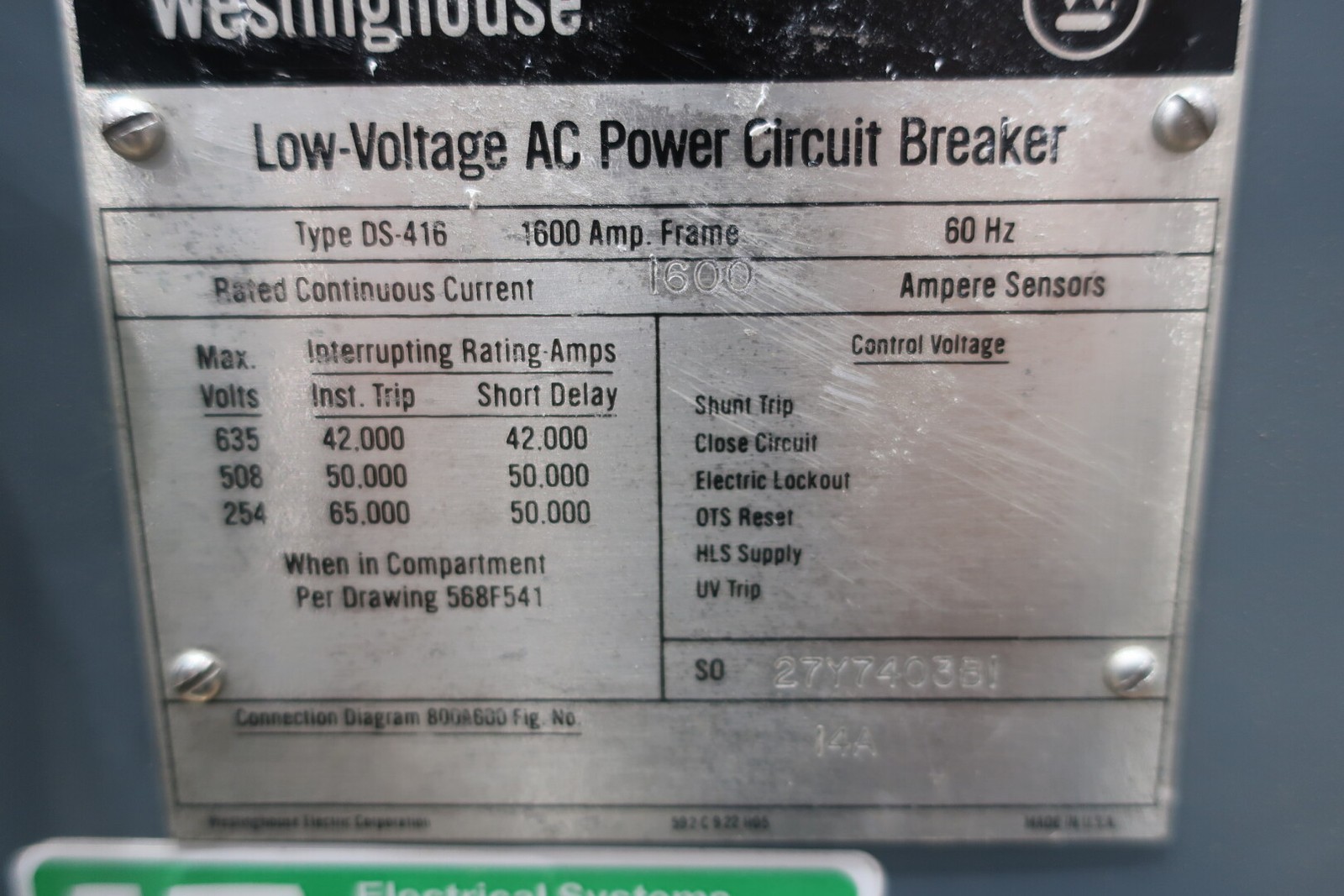 Westinghouse DS-416 Low Voltage Power Circuit Breaker 600v-ac 1600a Amp