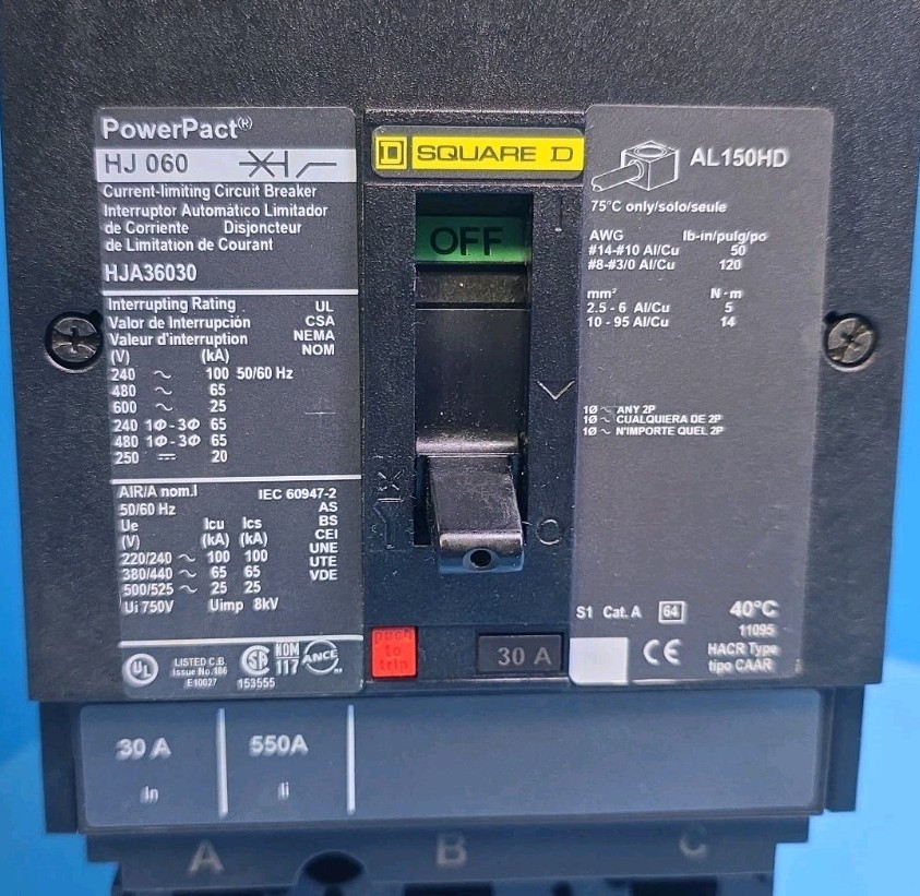 Square D HJA36030 30A 600V 3Pole ILine PowerPact Circuit Breaker