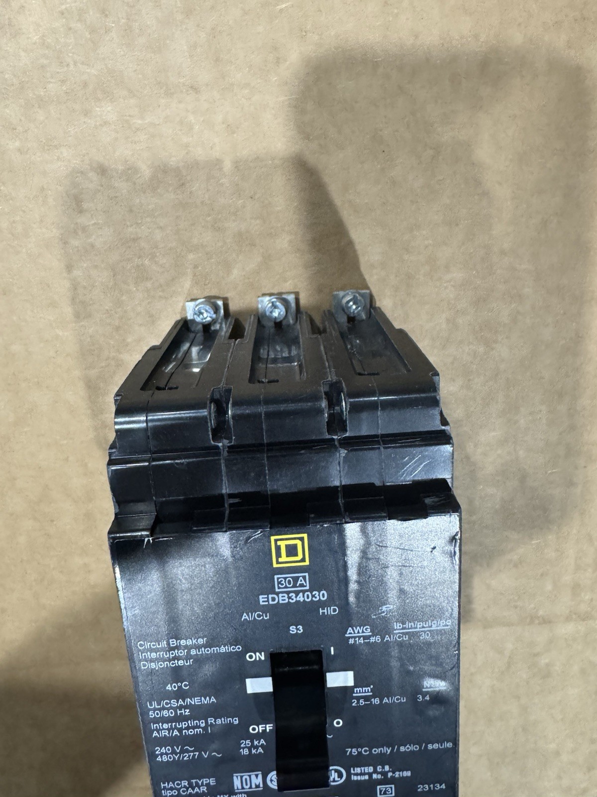 NEW Square D EDB34030 L 30Amp 3-Pole 480/277VAC 50/60Hz Bolt-On Circuit Breaker
