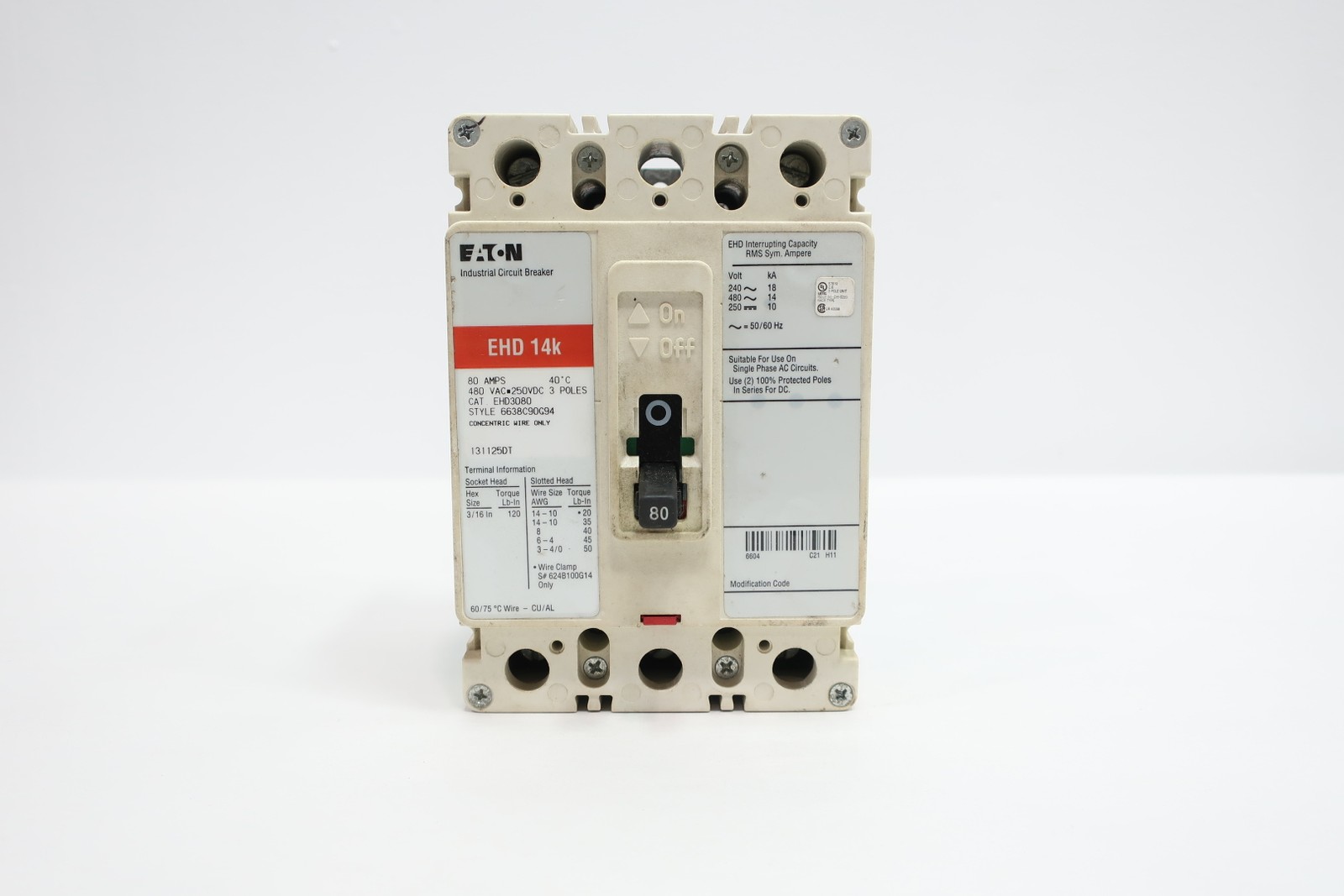 Eaton EHD3080 Molded Case Circuit Breaker 3p 80a Amp 480v-ac