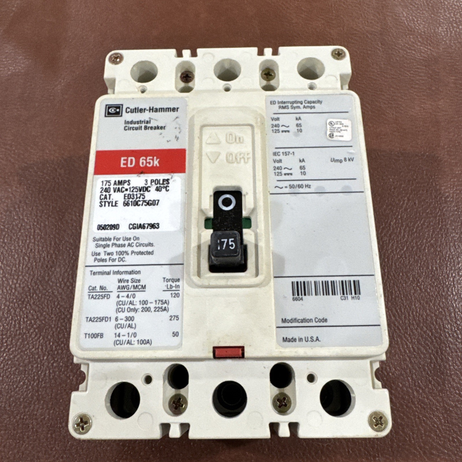 Eaton Cutler Hammer 175A 3 Pole ED3175 Circuit Breaker 3P 175 Amp 240V ED 65k
