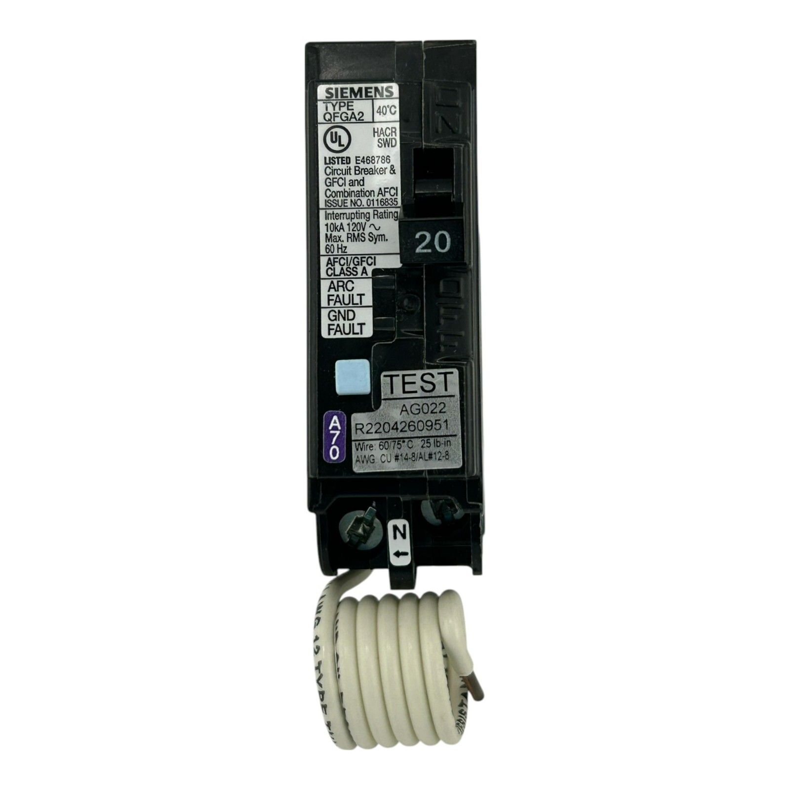 NEW OPEN BOX SIEMENS Q120DF 1 P 20 AMP AFC/GFCI GFI COMBINATION CIRCUIT BREAKER