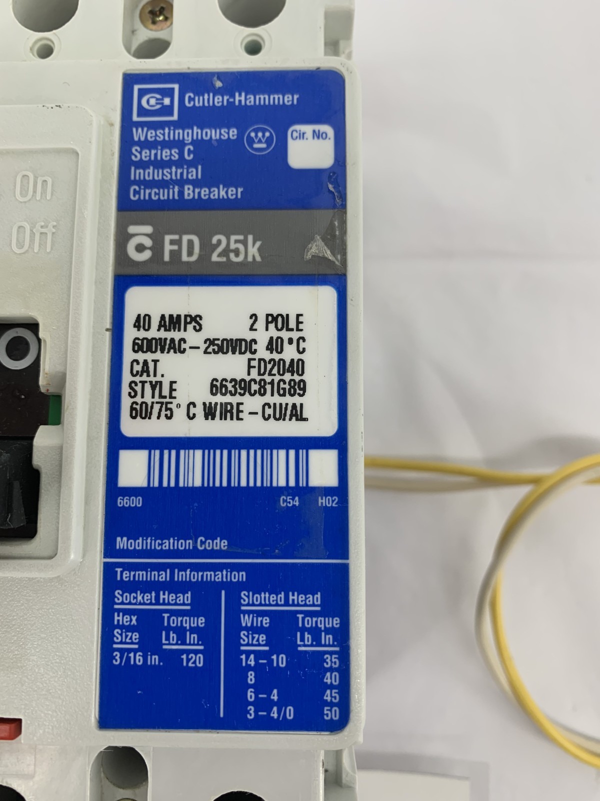 Eaton FD2040 40A 2P 600VAC Circuit Breaker w/Eaton SNT1RP08K Shunt Trip