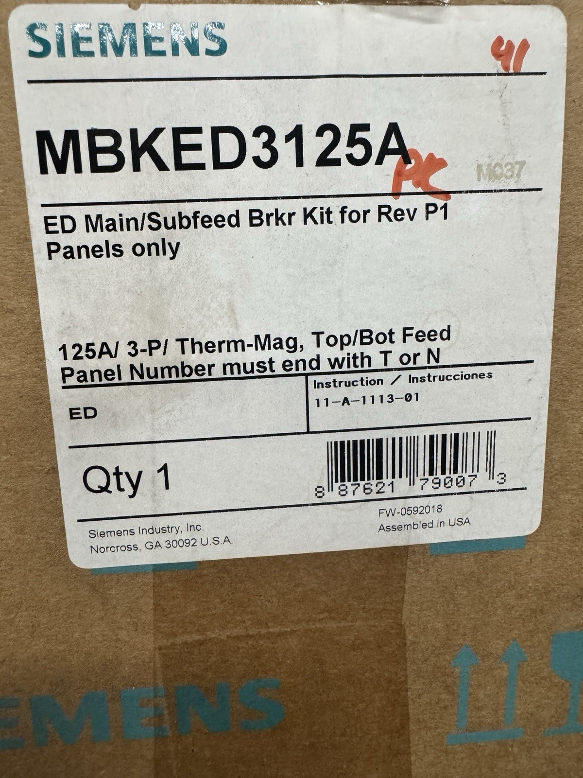 (1) NEW Siemens MBKED3125A 3p 480v 125a P1 Panel Main Breaker Kit – NEW IN BOX