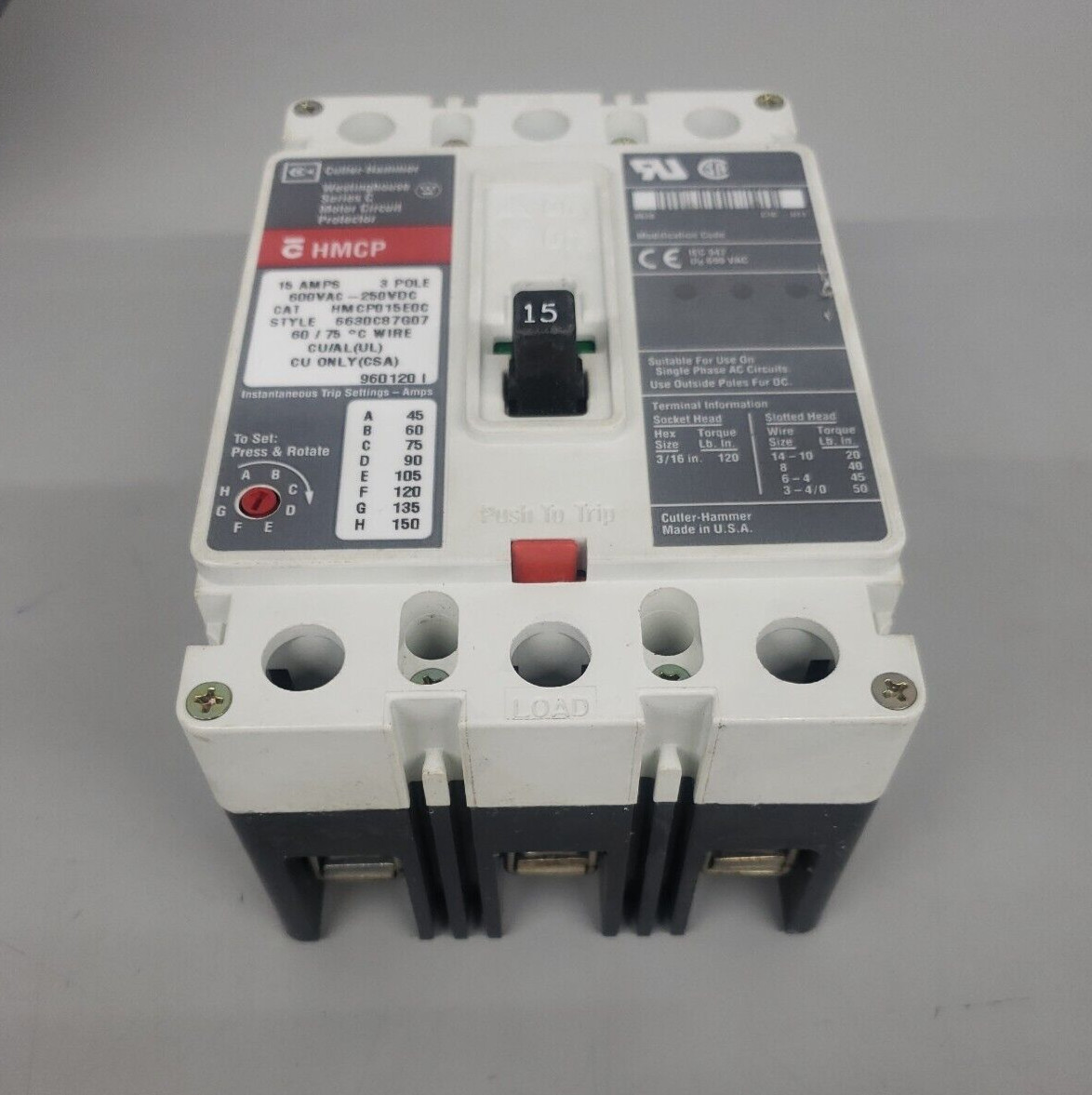 1- CUTLER HAMMER HMCP015E0C MOTOR CIRCUIT PROTECTOR 15 AMP 600V 3 POLE USED
