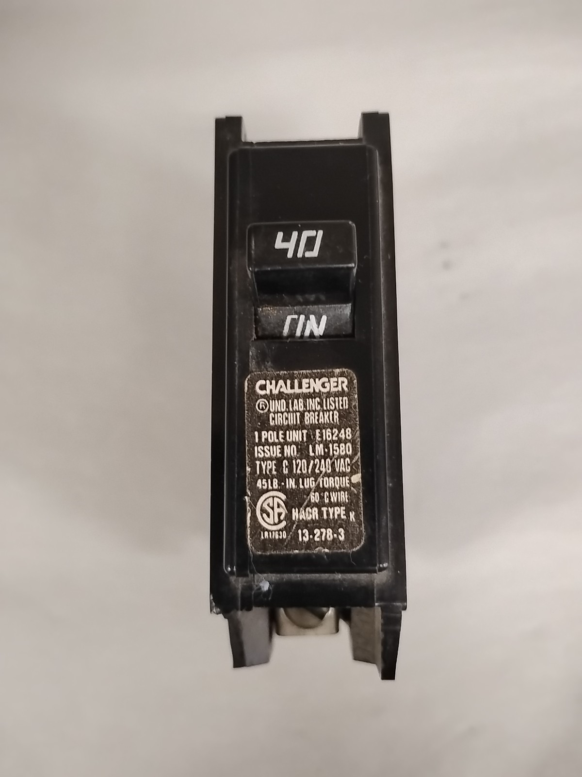 CHALLENGER C140 40 Amp 1 Pole 120/240V Type C Circuit Breaker. Preowned