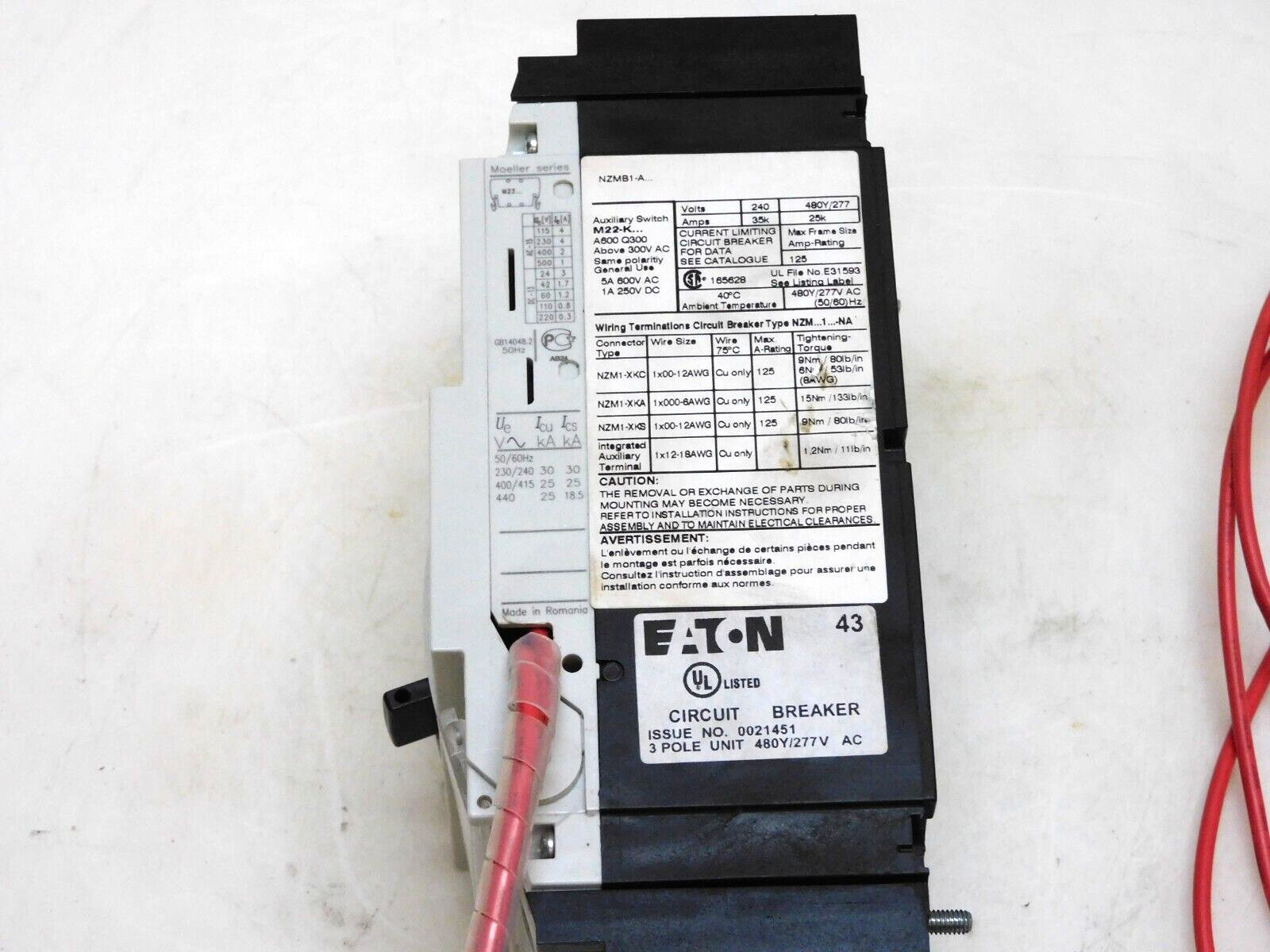 EATON NZM 1 125A CIRCUIT BREAKER NZMB1 100-125A 3P 3 POLE TRIP W/ SHUNT