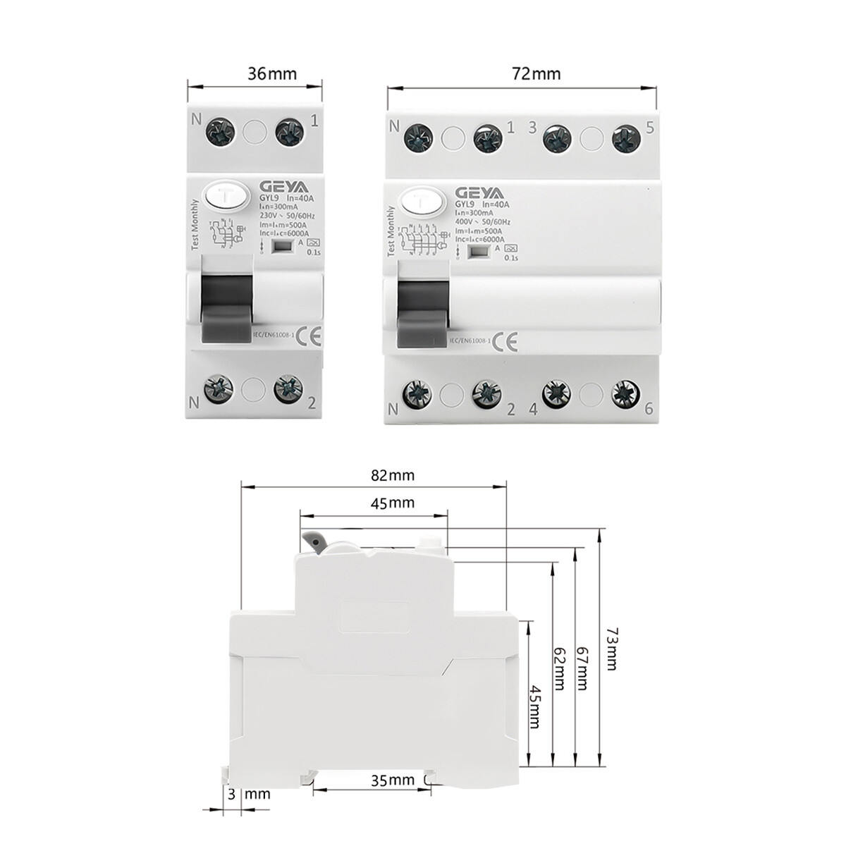 GEYA ELCB Circuit Breaker 4P 25/40/63/80/100Amp 30/100/300mA AC Type RCCB RCD