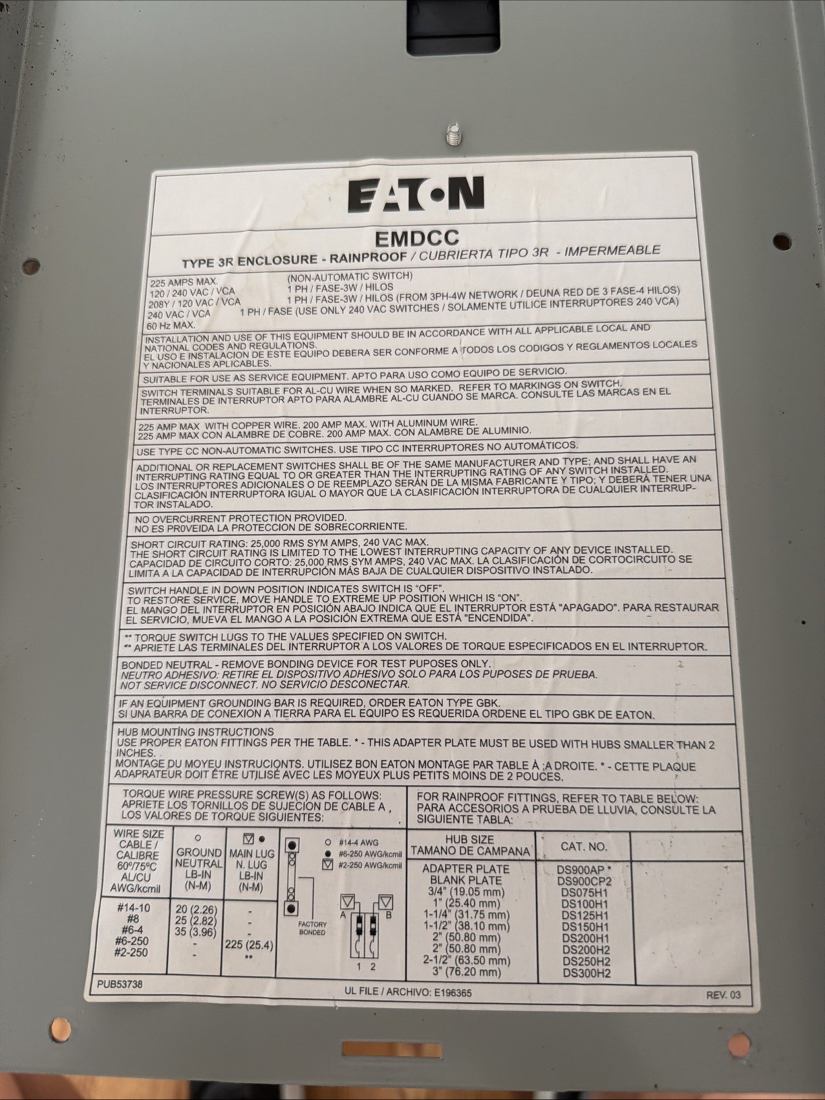Eaton CCV-NA 25K Breaker Enclosure W/Breaker 200A 240V 25kA 60Hz NEMA 3R