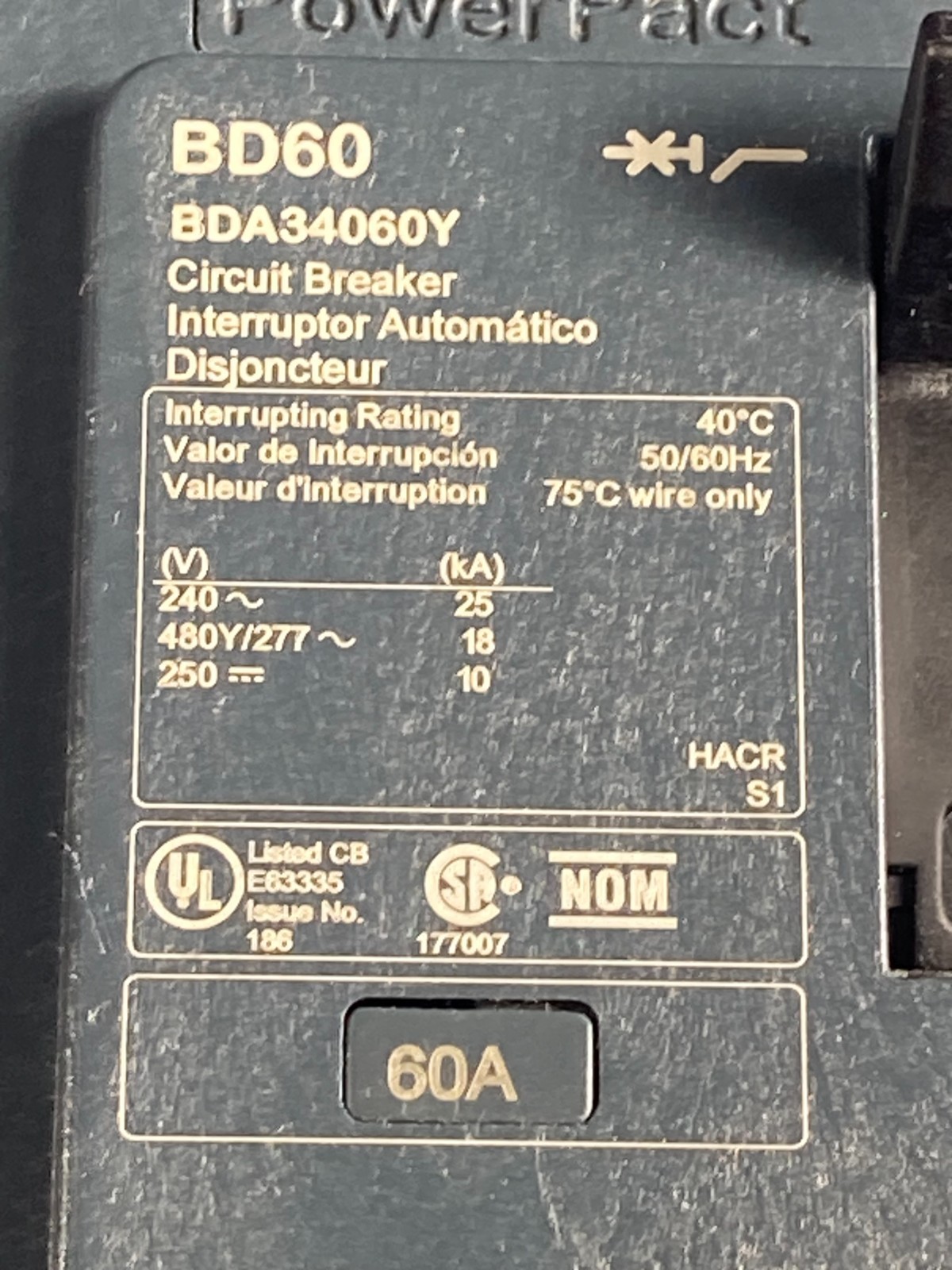 Square D BDA34060Y, 60 Amp, 480 Volt, 3 Pole, BD60 I-LINE Circuit Breaker AC/DC