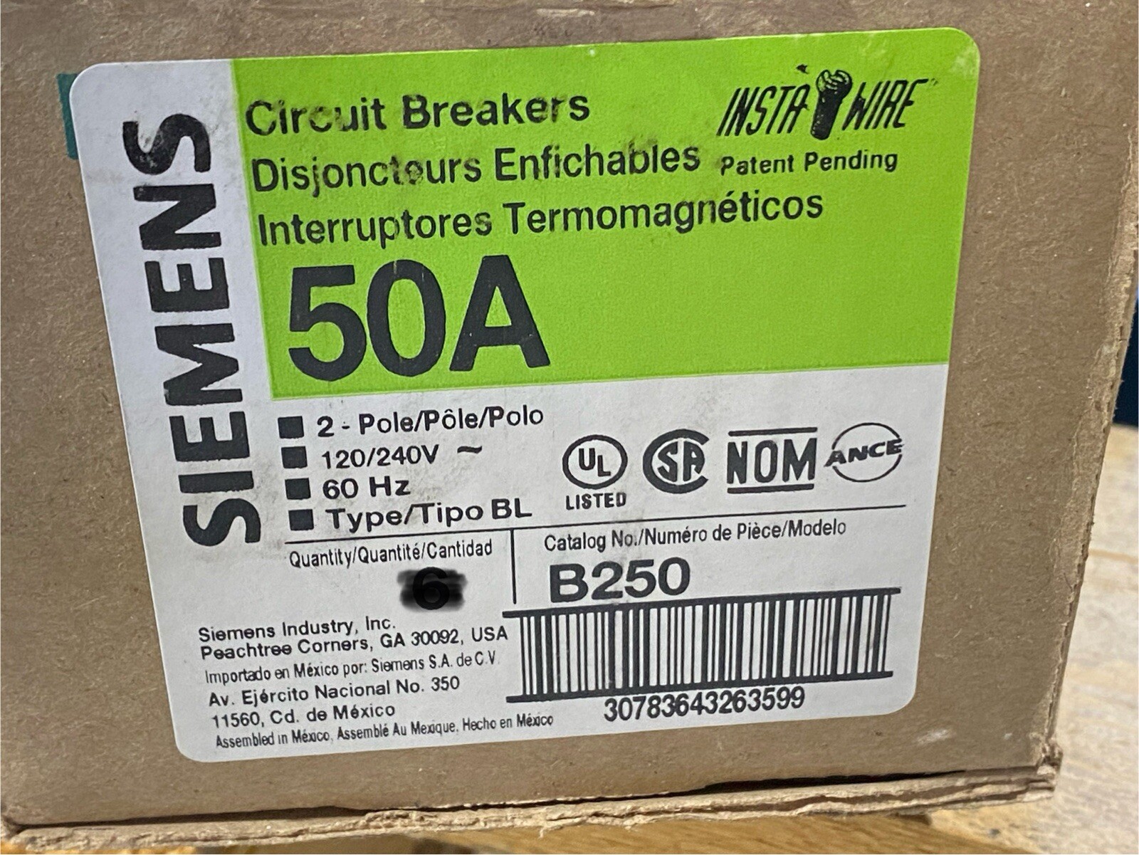 SIEMENS BREAKER B250 – 50 AMP BOLT ON 120/240V 10kA – 2PL New