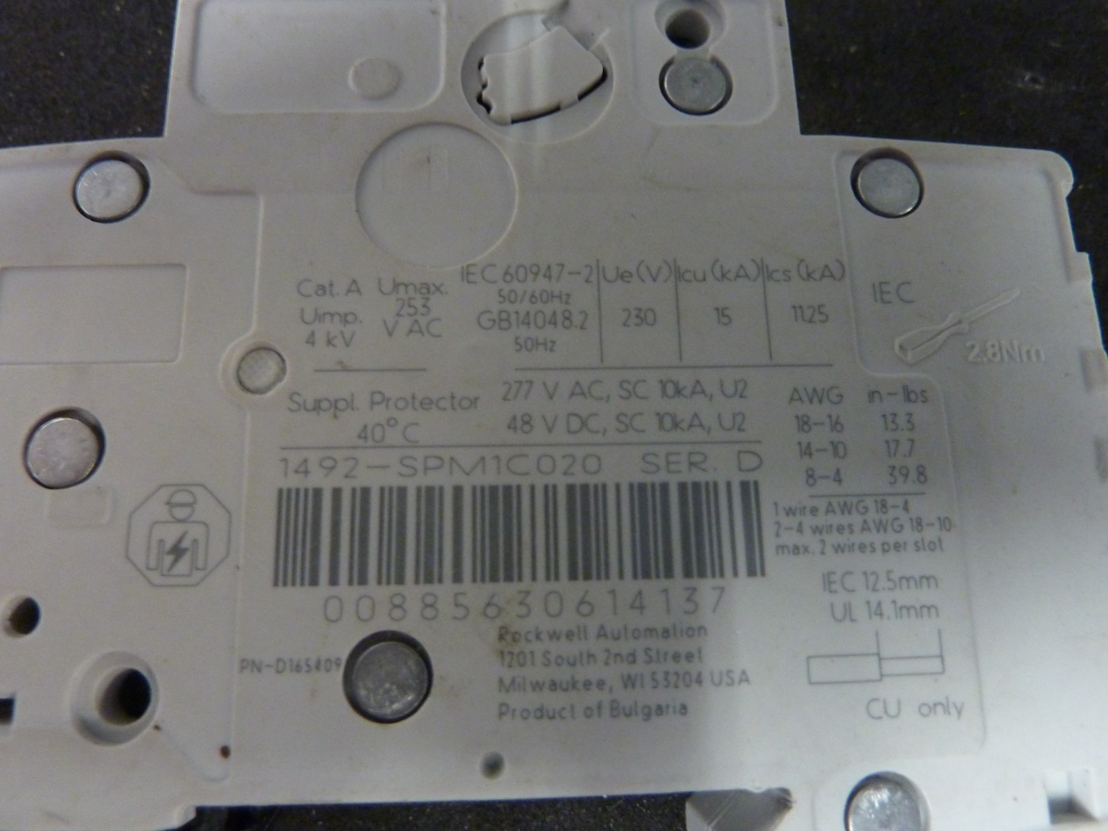 A-B Allen Bradley 1492-SP C 2A (1492-SPM1C020) Circuit Breaker Ser-D (31026)