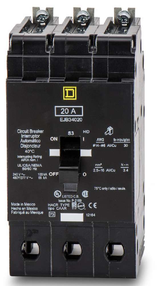 Square D Schneider EJB34020 Bolt-On Molded Case Circuit Breaker, 20A 480V 3 Pole