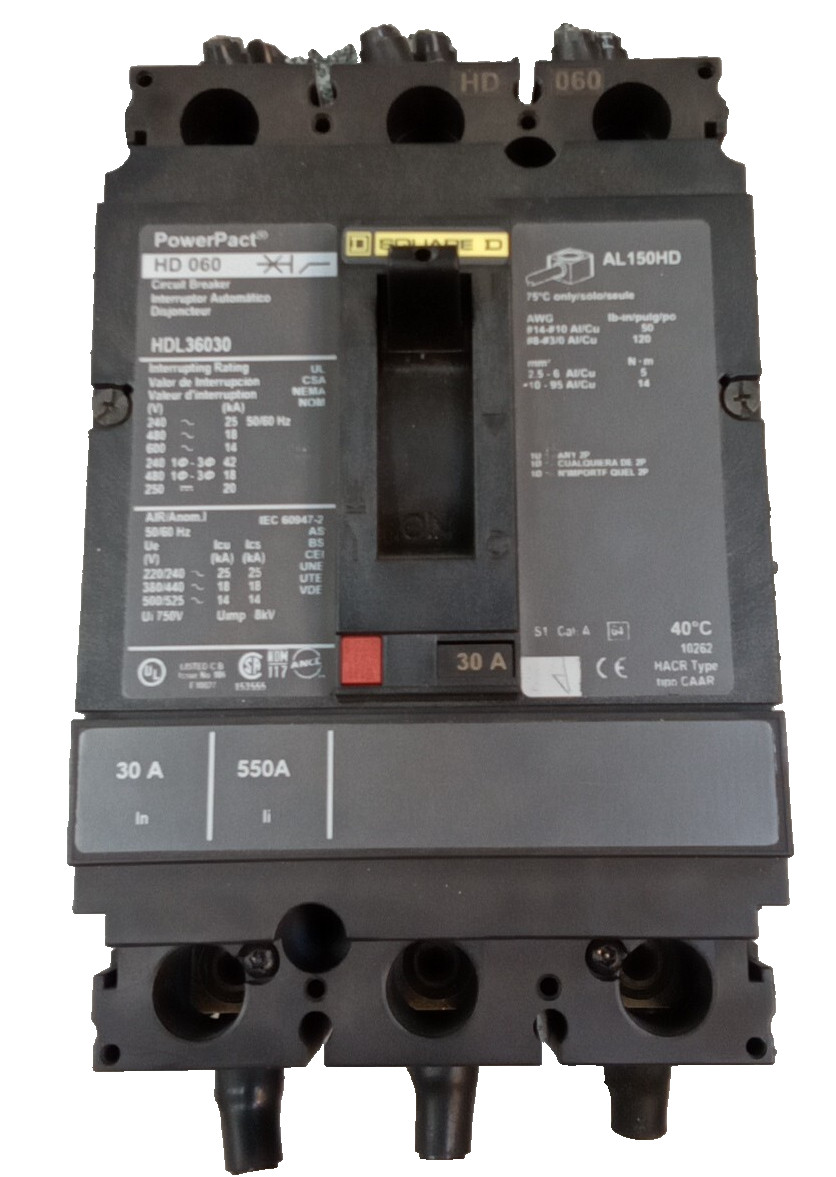 Square D/POWERPACT/BREAKER/HDL36030/30A/3P/600V/HD060/AL150HD/30A RATED/UE(40D3